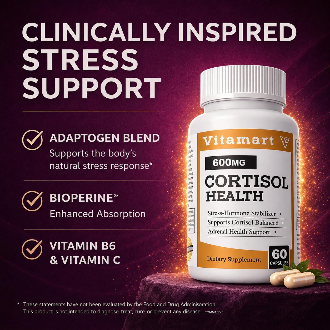 Vitamart Nutraceuticals Cortisol Health Adrenal Health Manager Adaptogenic Ashwagandha & Sleep Support, 60 Capsules