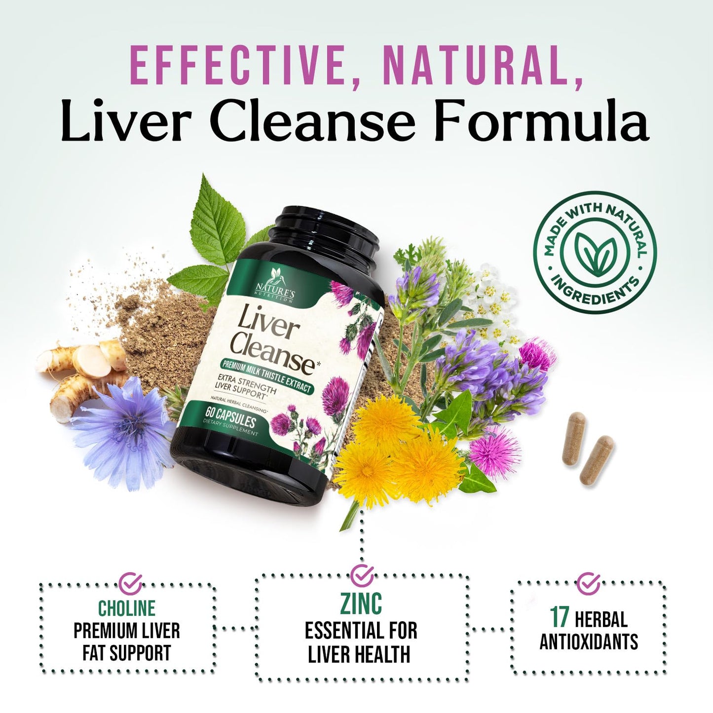 Nature's Nutrition Gentle Liver Cleanse Detox & Repair Formula - Herbal Liver Supplement with Milk Thistle, Silymarin, Artichoke, Dandelion, Beet Root, Chicory & Turmeric - 60 Capsules