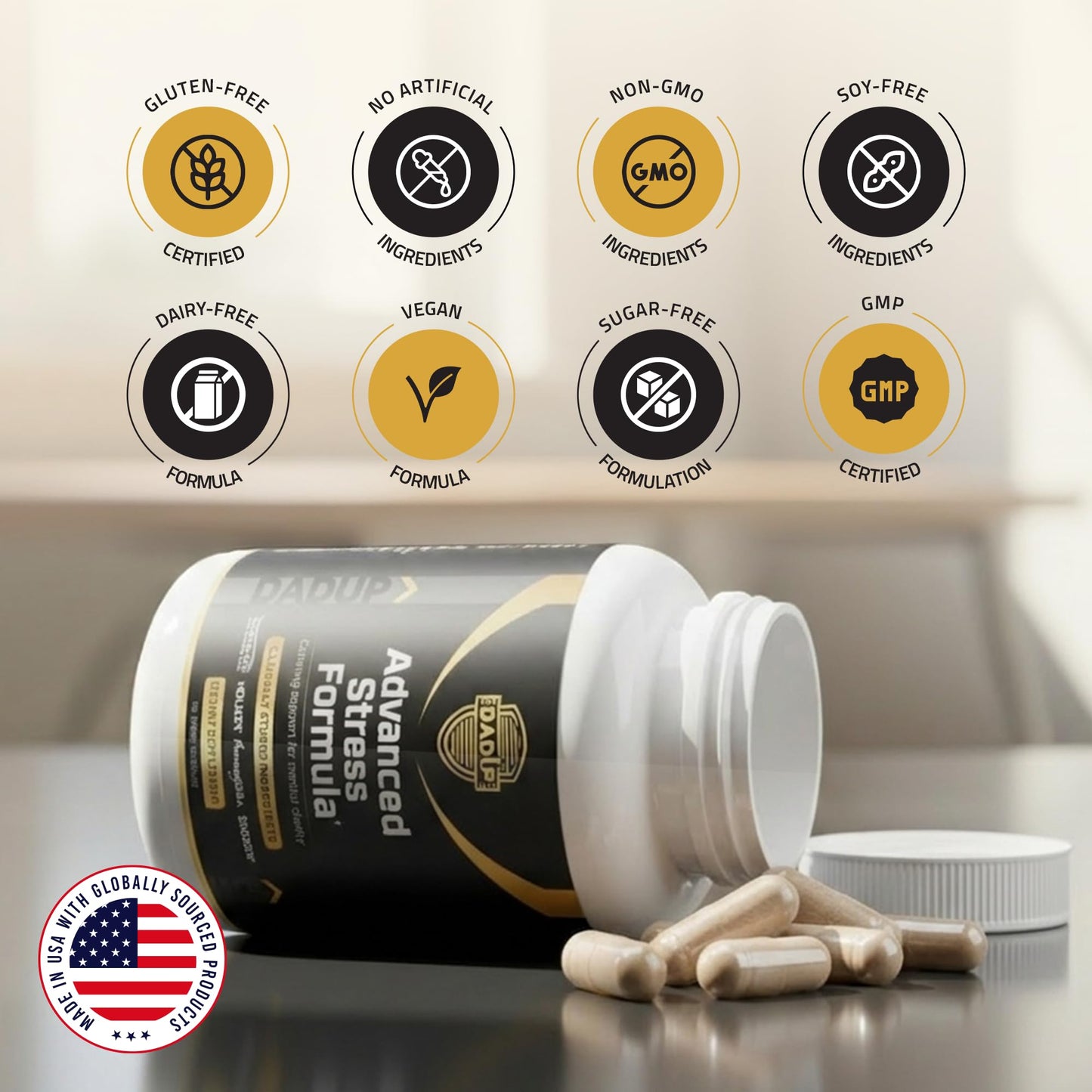 Dad Up 5 in 1 Advanced Stress Formula with Holixer Holy Basil, Shoden Ashwagandha, AlphaWave L-Theanine, PharmaGABA, Calm, Focus & Mood Support for Men, 60 Vegan Capsules