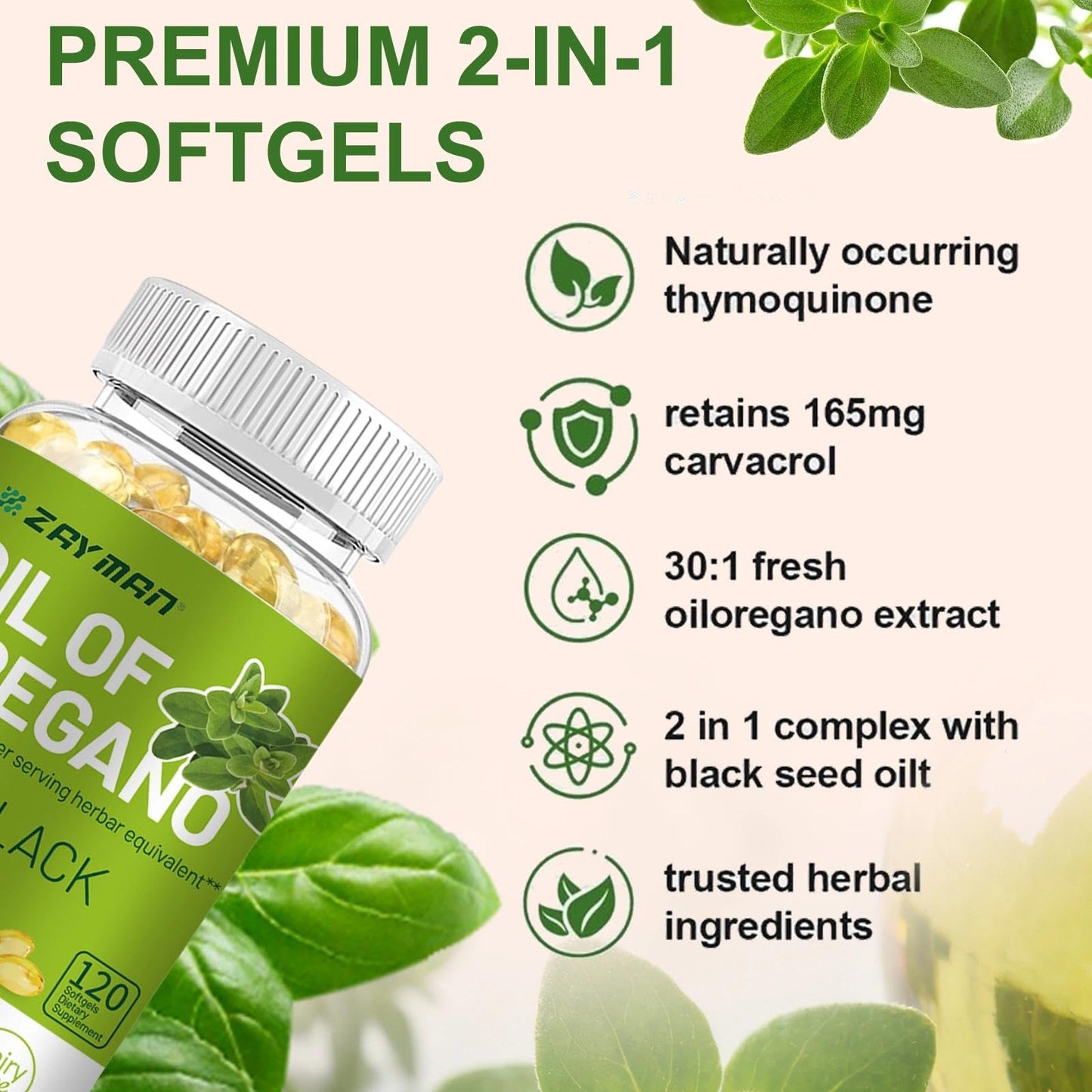 ZAYMAN Oil of Oregano Softgels 6000mg with Black Seed Oil 200mg, 120 Softgels