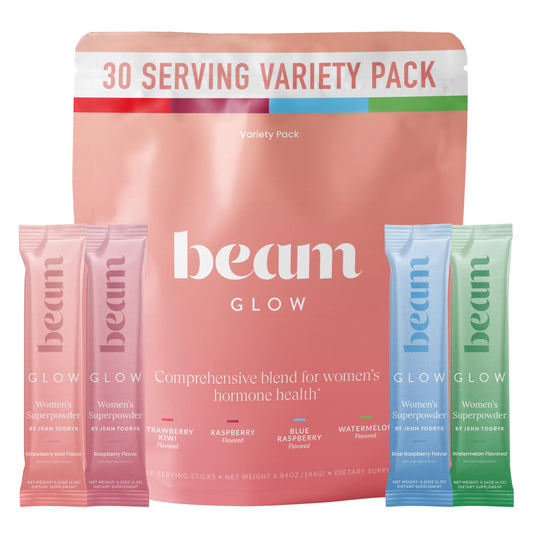 BEAM Glow Hormone Support & Cortisol Supplement for Women - Daily Vitamins for Women with Ashwagandha, Selenium, Zinc, Vitamin A, for Cycle Health, Mood & Energy, Variety Pack, 30 Servings