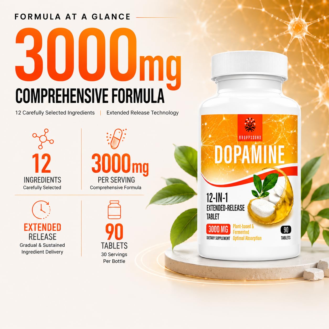 Kroppssund Dopamine Supplements with L-Theanine & Ashwagandha 12-in-1 Extended Release Formula 90 Tablets
