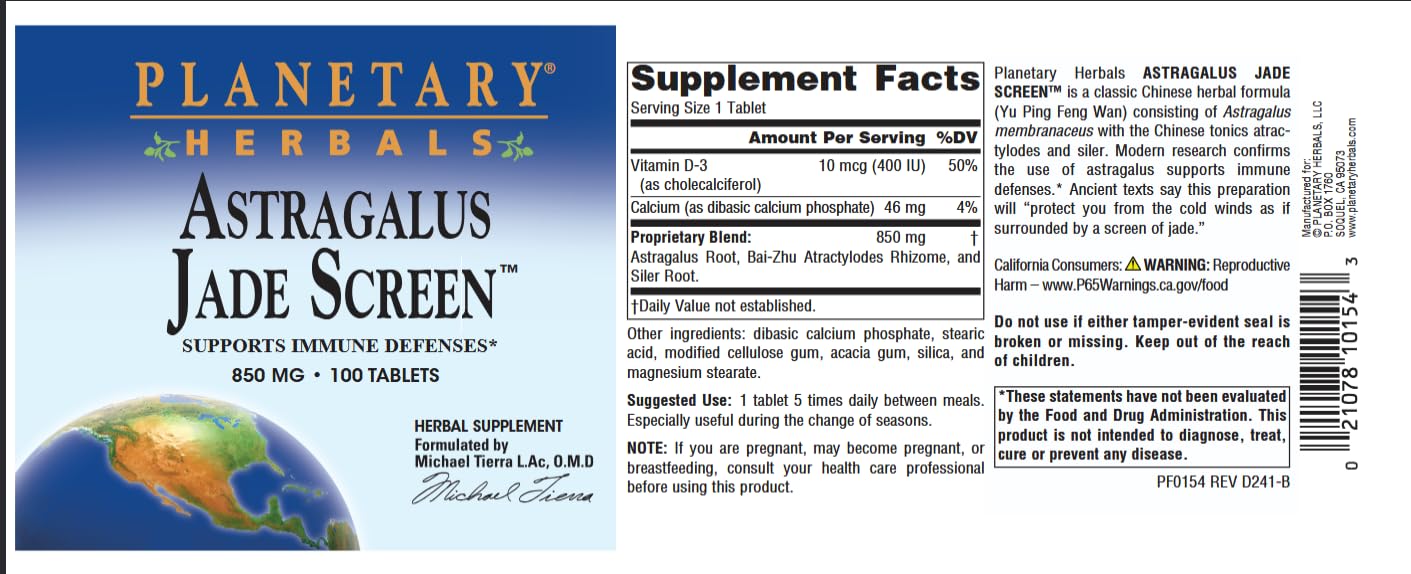 Planetary Herbals Astragalus Jade Screen 850 mg, 100 Tablets