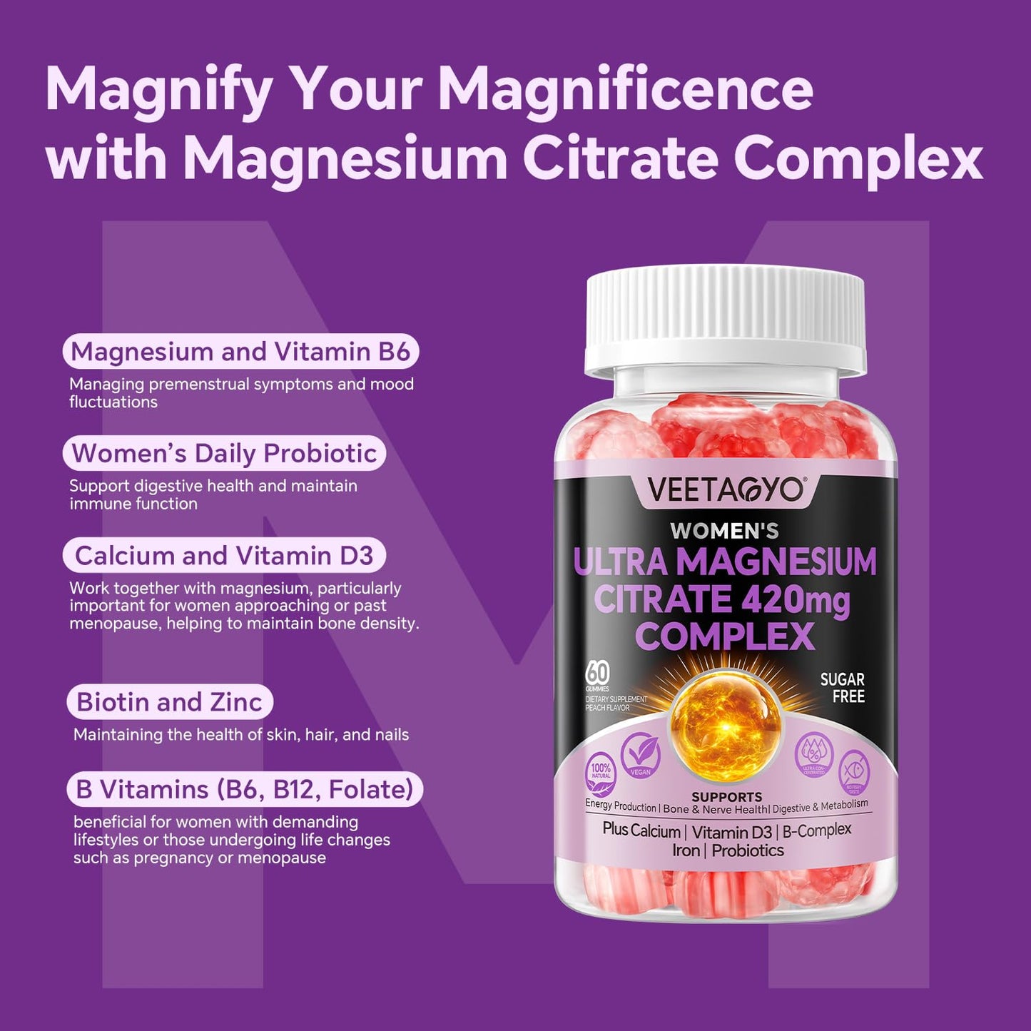 VEETAGYO Magnesium Citrate Gummies 420mg for Adult Gummy 60 Count