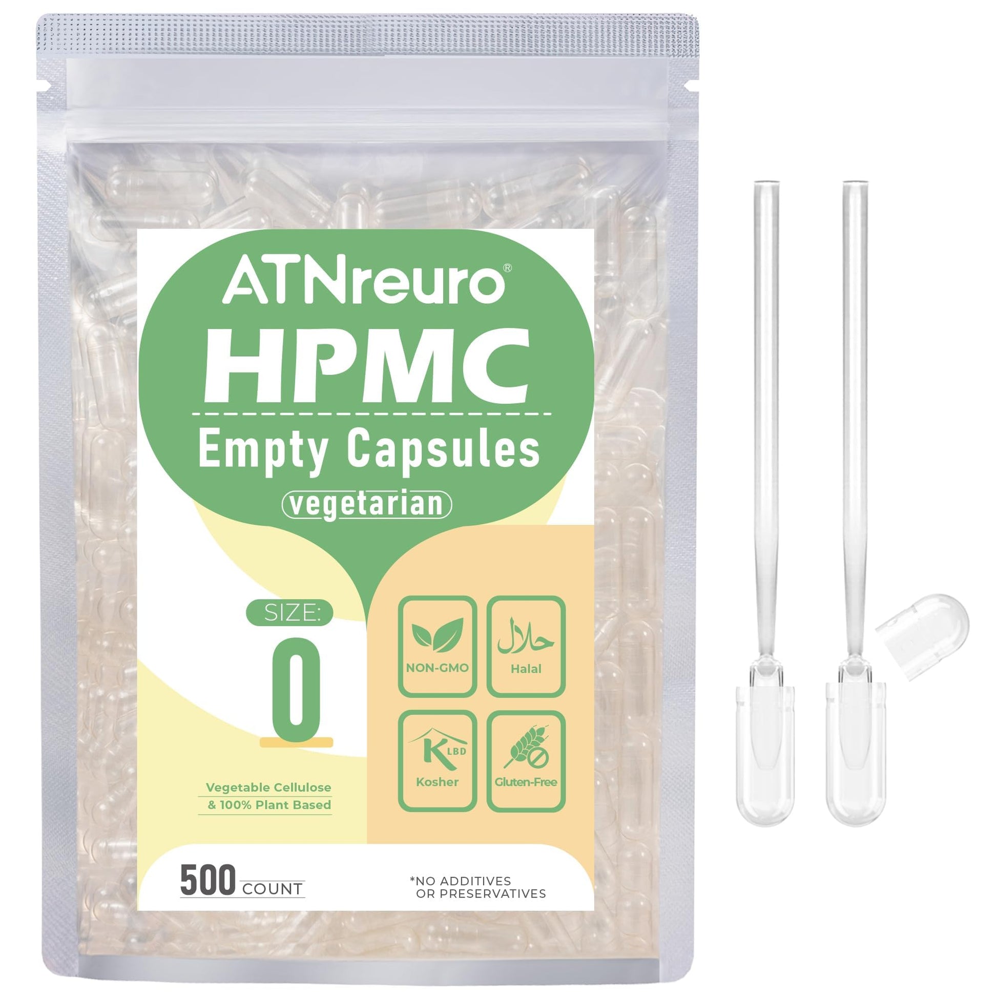 ATNreuro Size 0 Empty Vegan Capsules, 500 Count