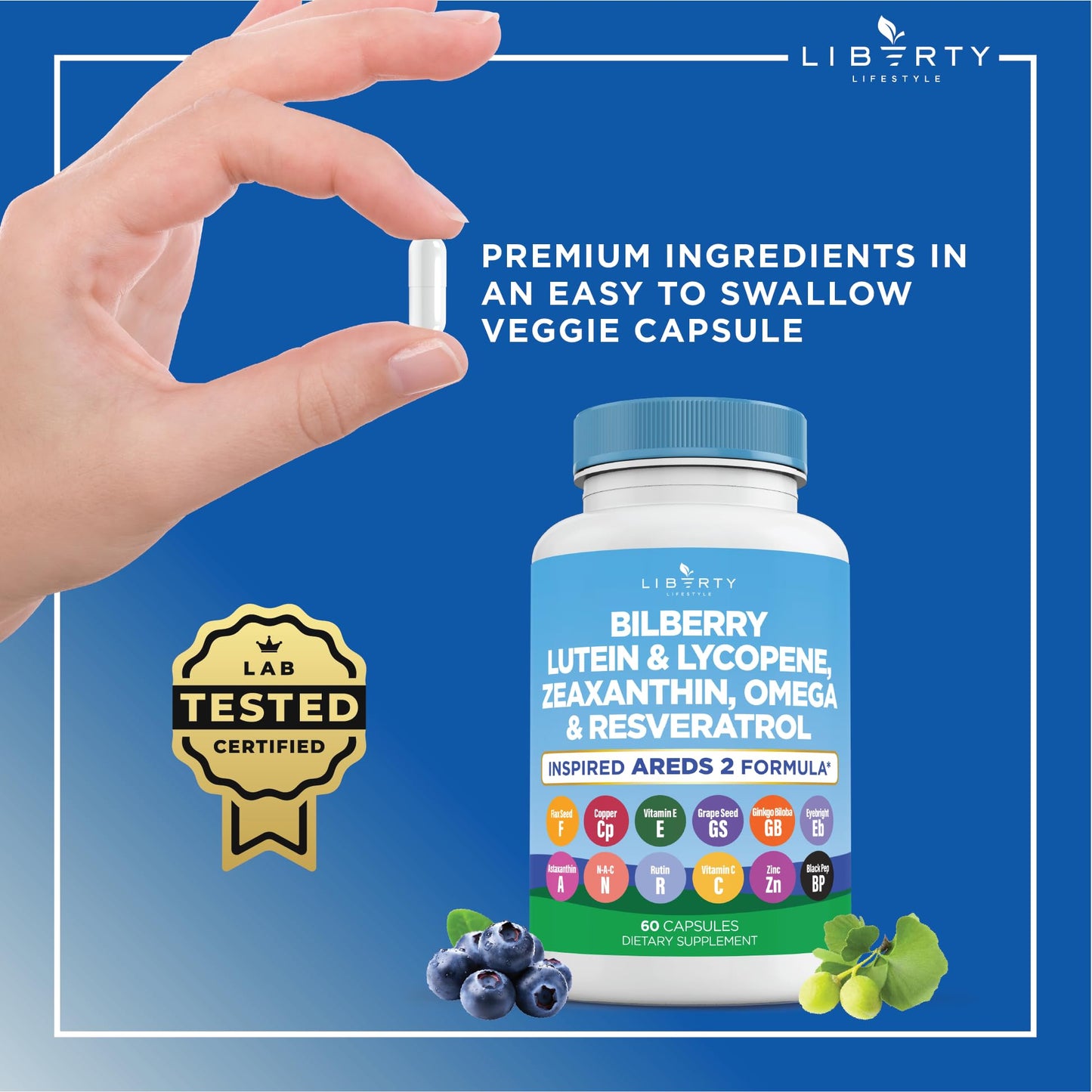 Liberty Lifestyle Eye Health Vitamins with Bilberry, Lutein & Zeaxanthin, Lycopene, Resveratrol, Grape Seed Extract, Flaxseed Astaxanthin- AREDS 2 Capsule, 120