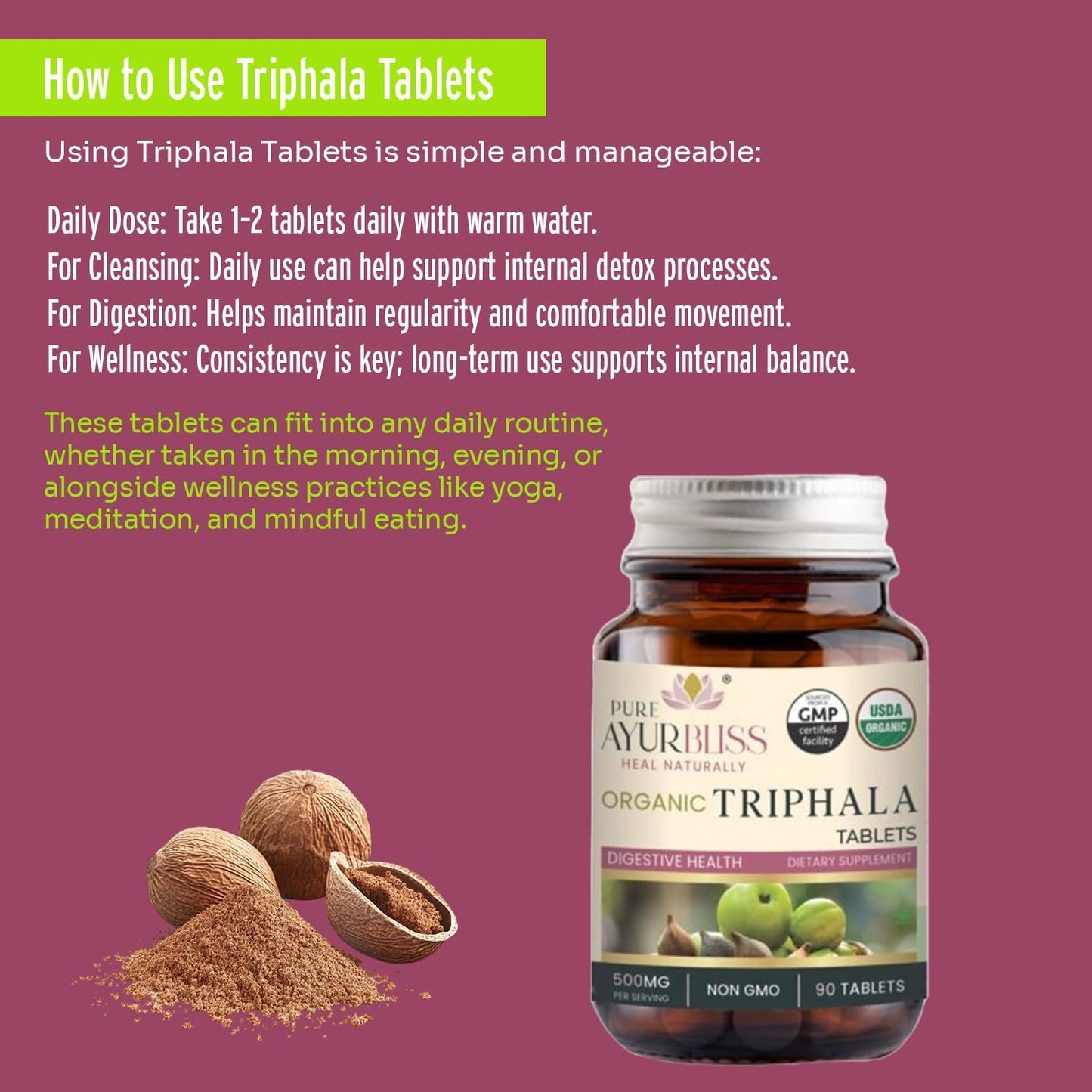 PureAyurbliss Triphala 500mg Tablets, 90 Count