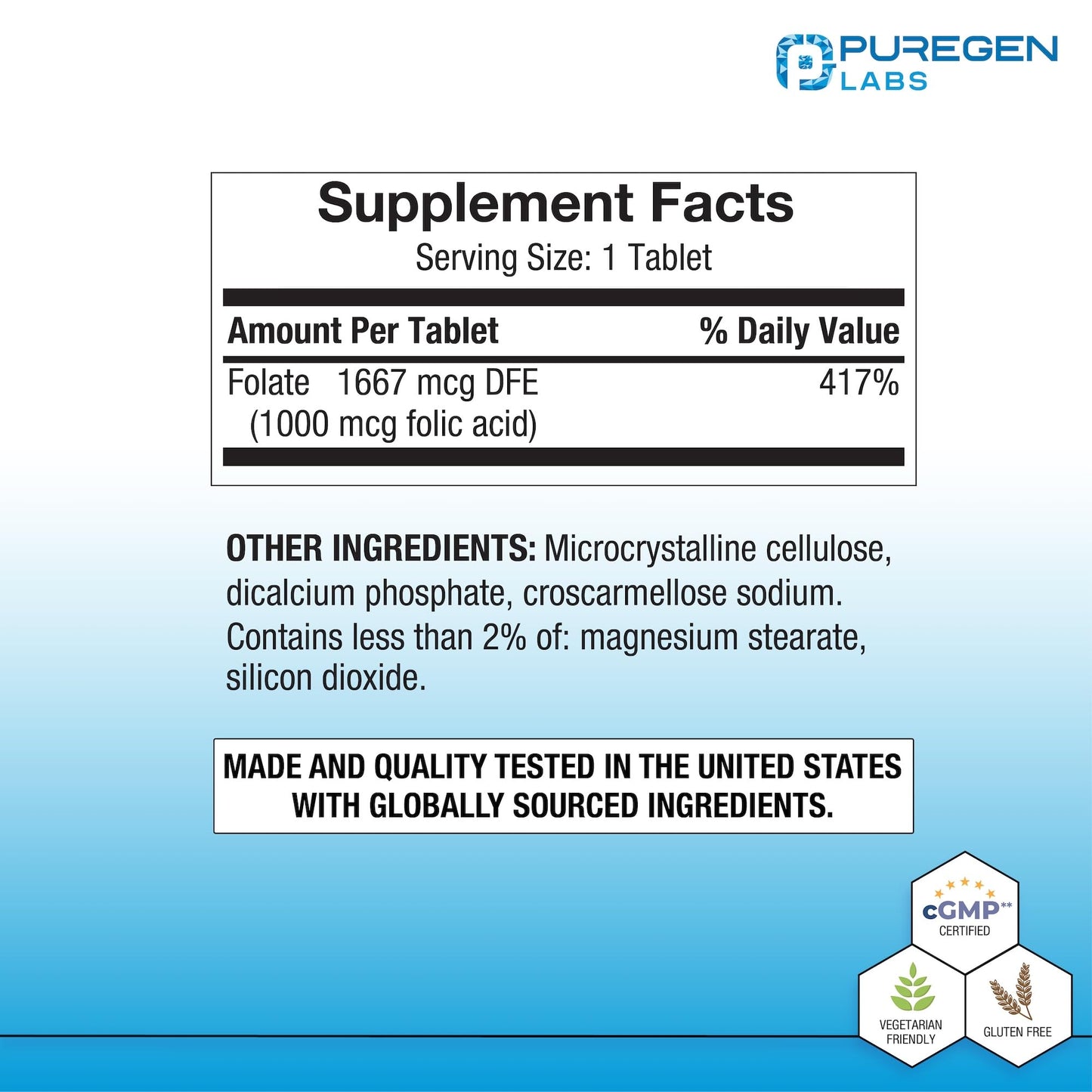 P Puregen Labs Folic Acid 1000 mcg Tablets, 1000 Count