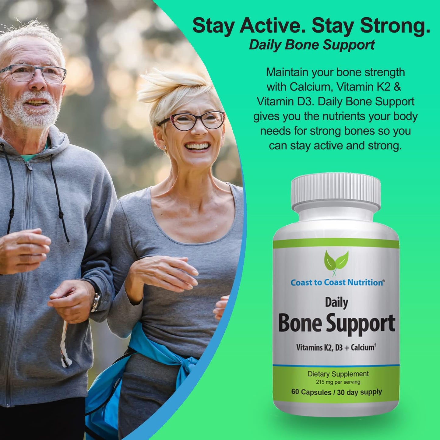 Coast to Coast Nutrition Daily Bone Support Calcium Supplement with Vitamin D3, K2 Capsules, 60 Count