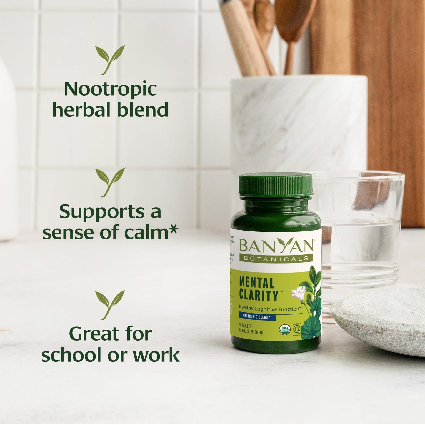 Banyan Botanicals Organic Mental Clarity – Herbal Alertness & Focus Supplement with Bacopa & Gotu Kola – Natural Support for a Calm Mind & Sustainable Mental Energy, 90 Tablets