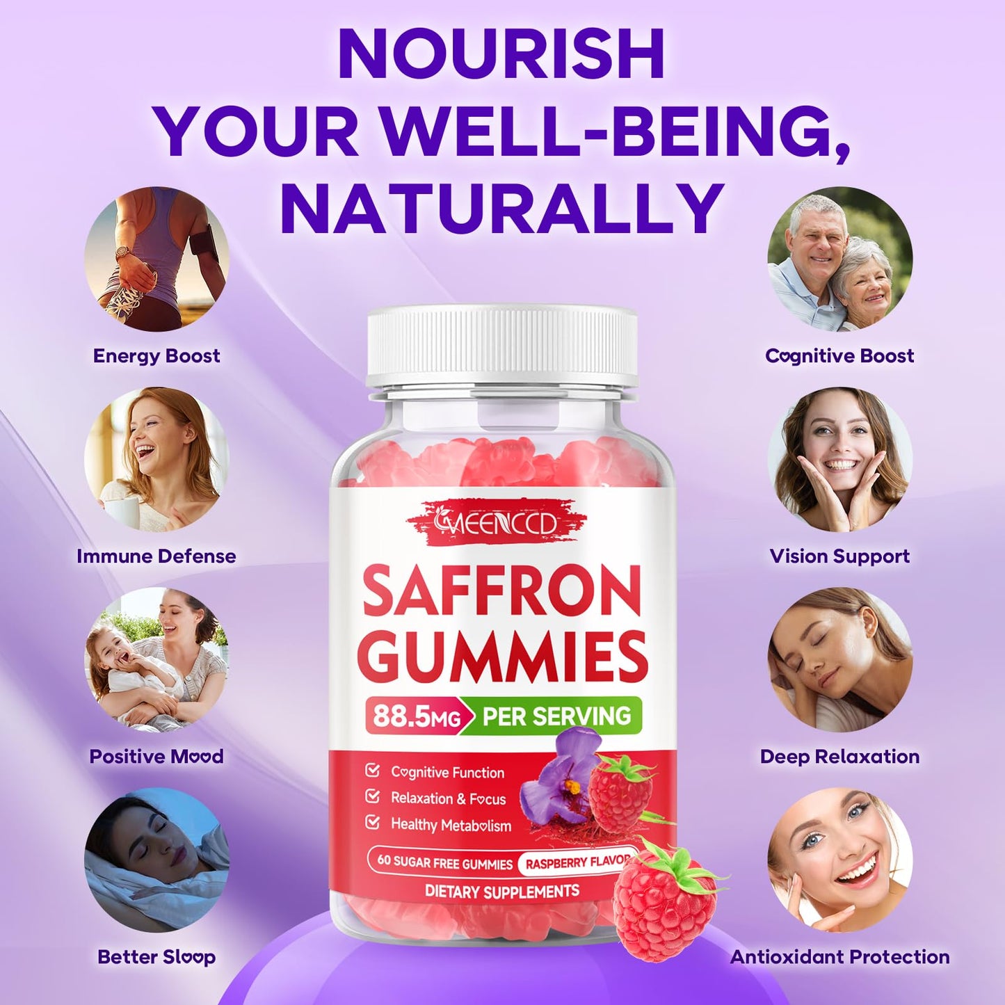 MEENCCD Saffron Gummies for Kids & Adults, Sugar-Free, Raspberry Flavor, 60 Count
