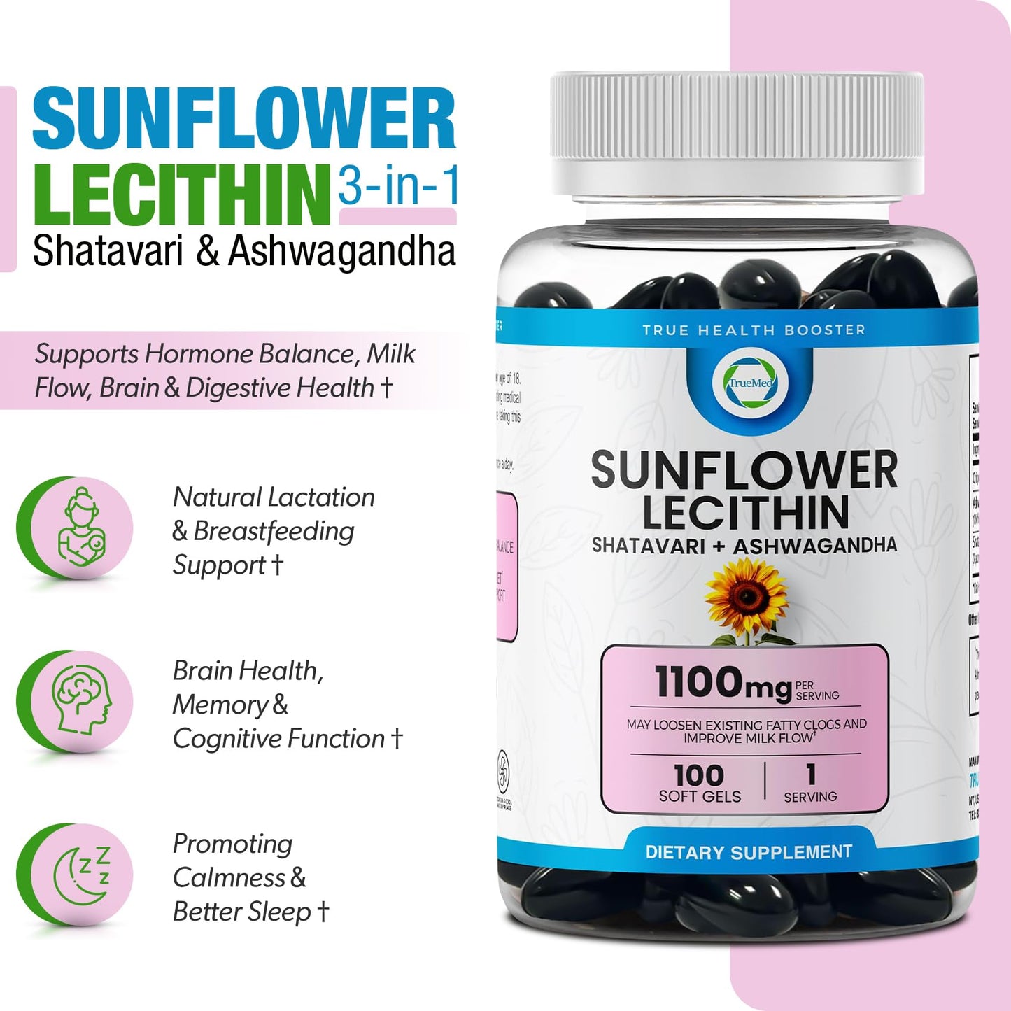 TRUEMED Sunflower Lecithin, Shatavari & Ashwagandha 1100 mg Softgels, 100