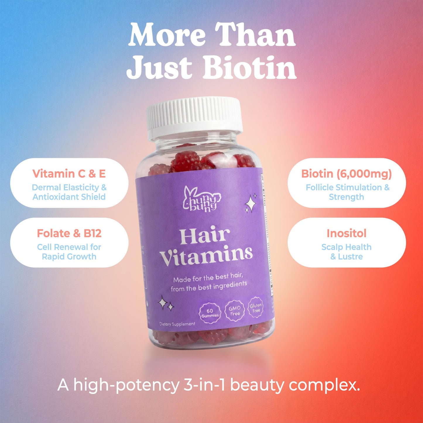 Hunny Bunny Hair Skin and Nails Vitamins Gummies, 60 Count