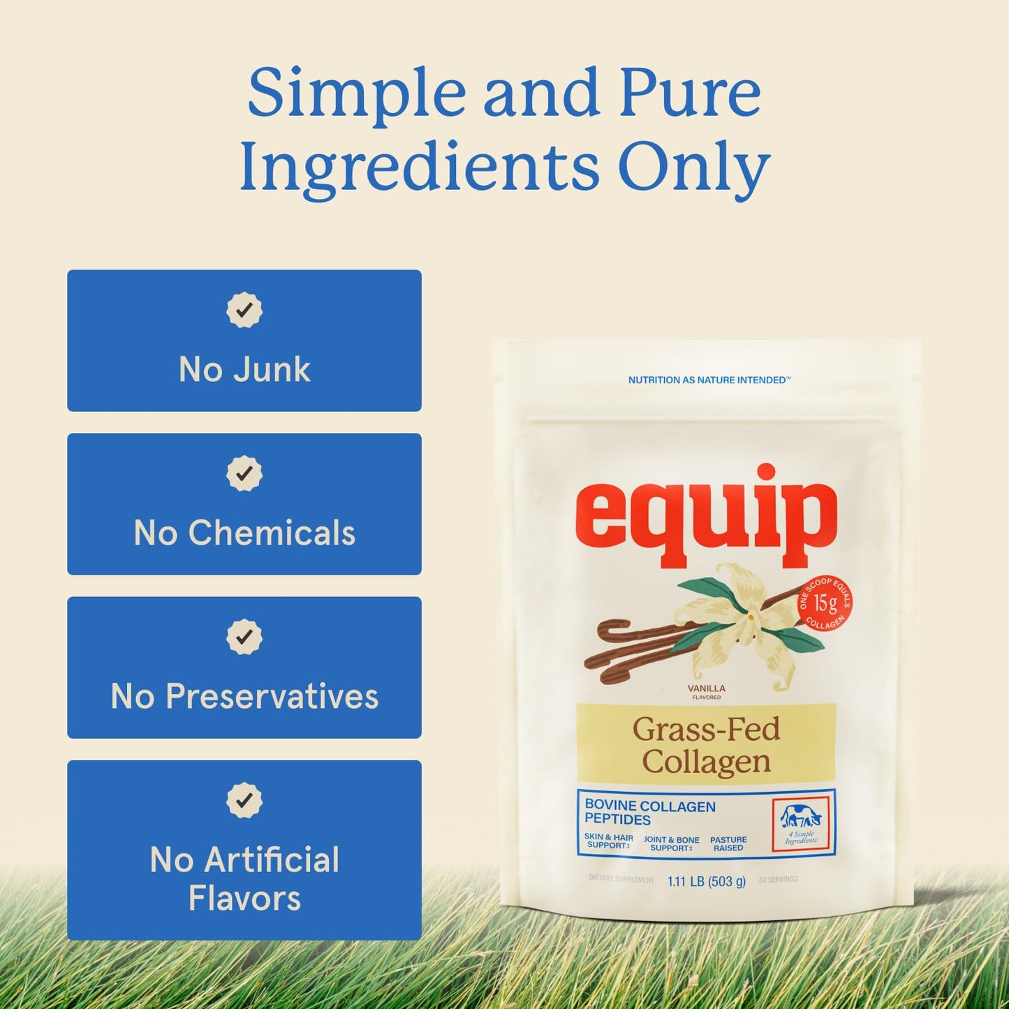 Equip Grass-Fed Hydrolyzed Collagen Powder - Vanilla, 30 Scoops