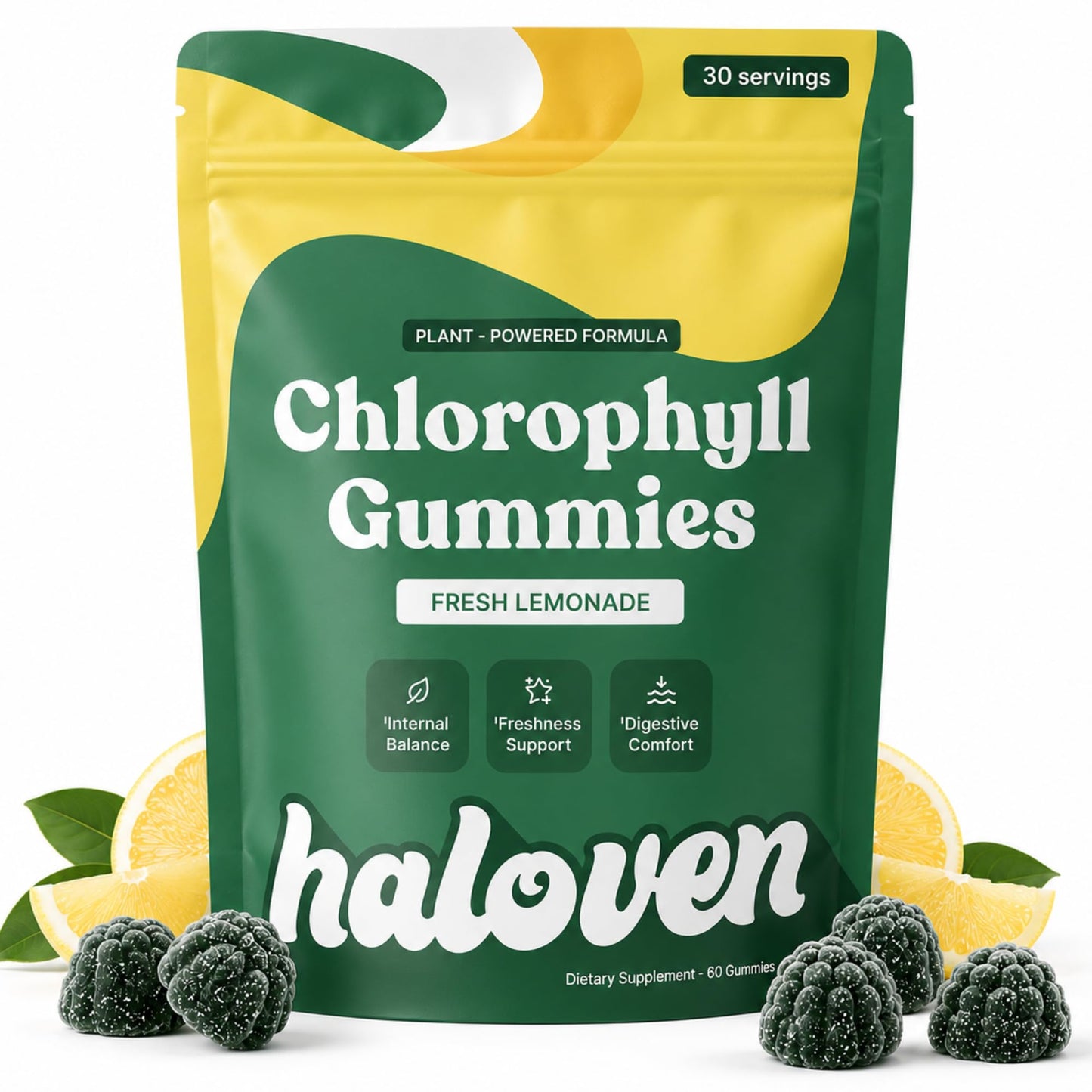 Haloven Chlorophyll Gummy, Body Odor Support, Lemonade, 60 Count