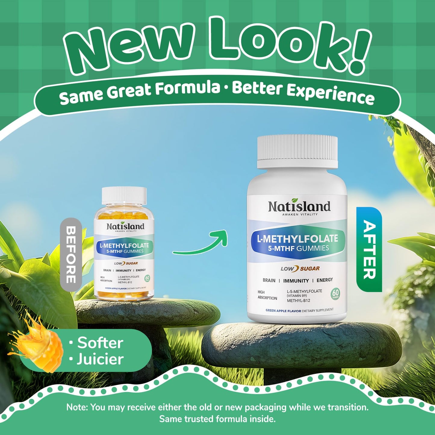 NATISLAND Methylfolate Gummies, L-Methylfolate & Methyl B12, Active Folate Supplement, 60 Gummies