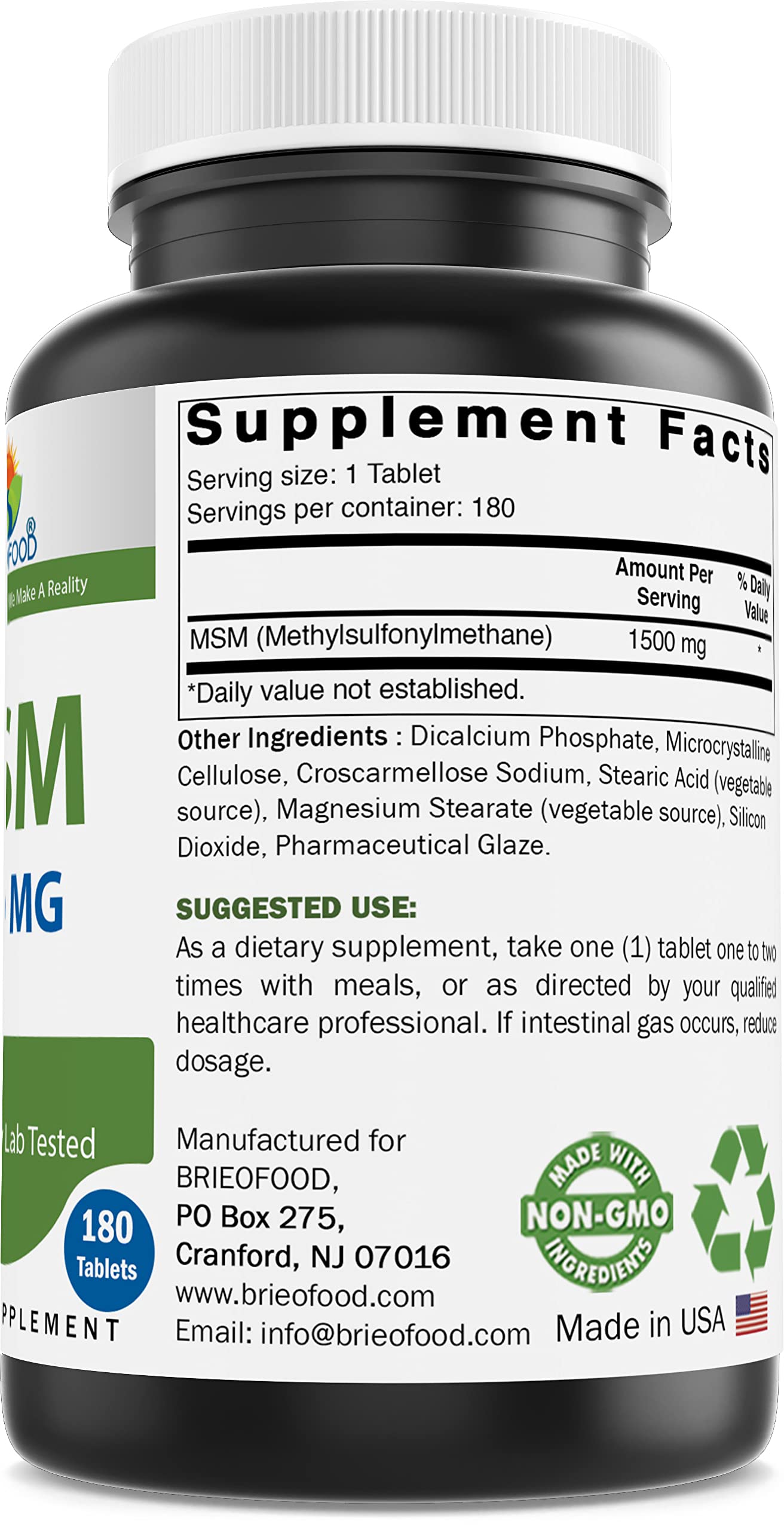 Brieofood MSM Supplement 1500mg per Tablet, 180 Tablets