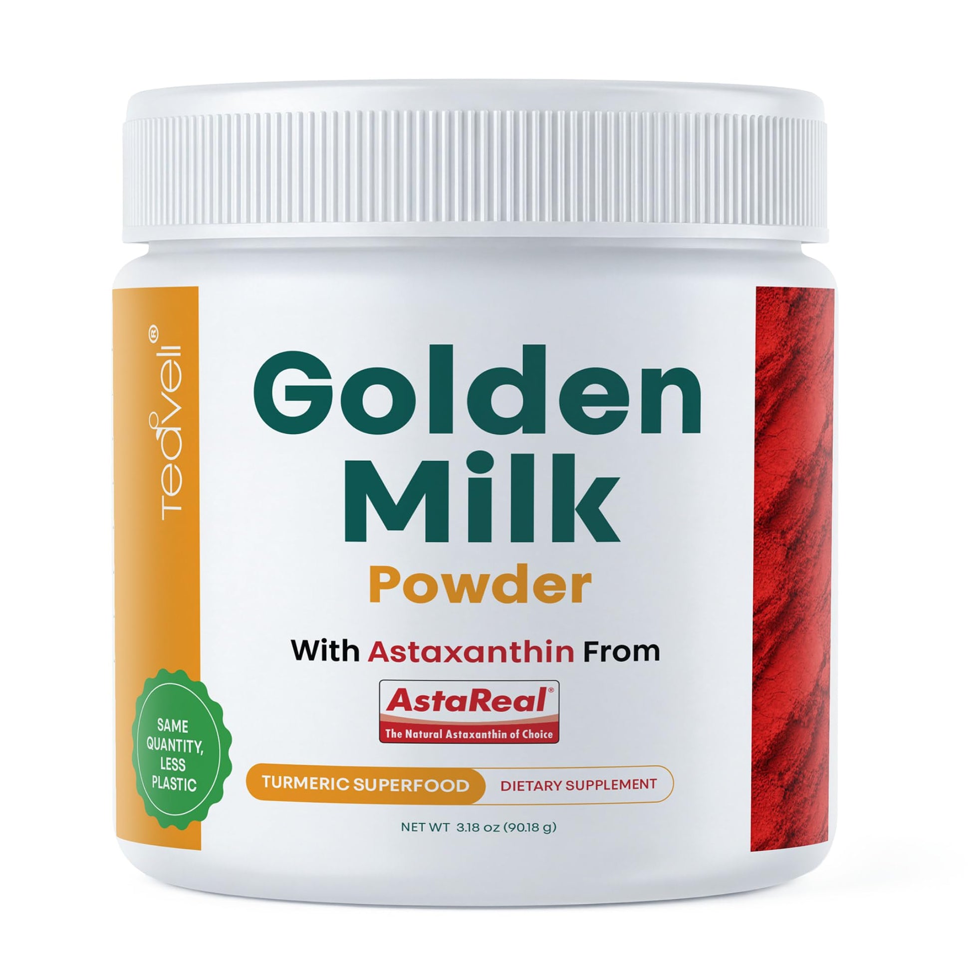 Teaveli Golden Milk Powder with Turmeric, Ginger, Curcumin, Cinnamon, KSM66 Ashwagandha, Tulsi & Natural Prebiotics– Unsweetened & Vegan Friendly with Astaxanthin Capsule 1