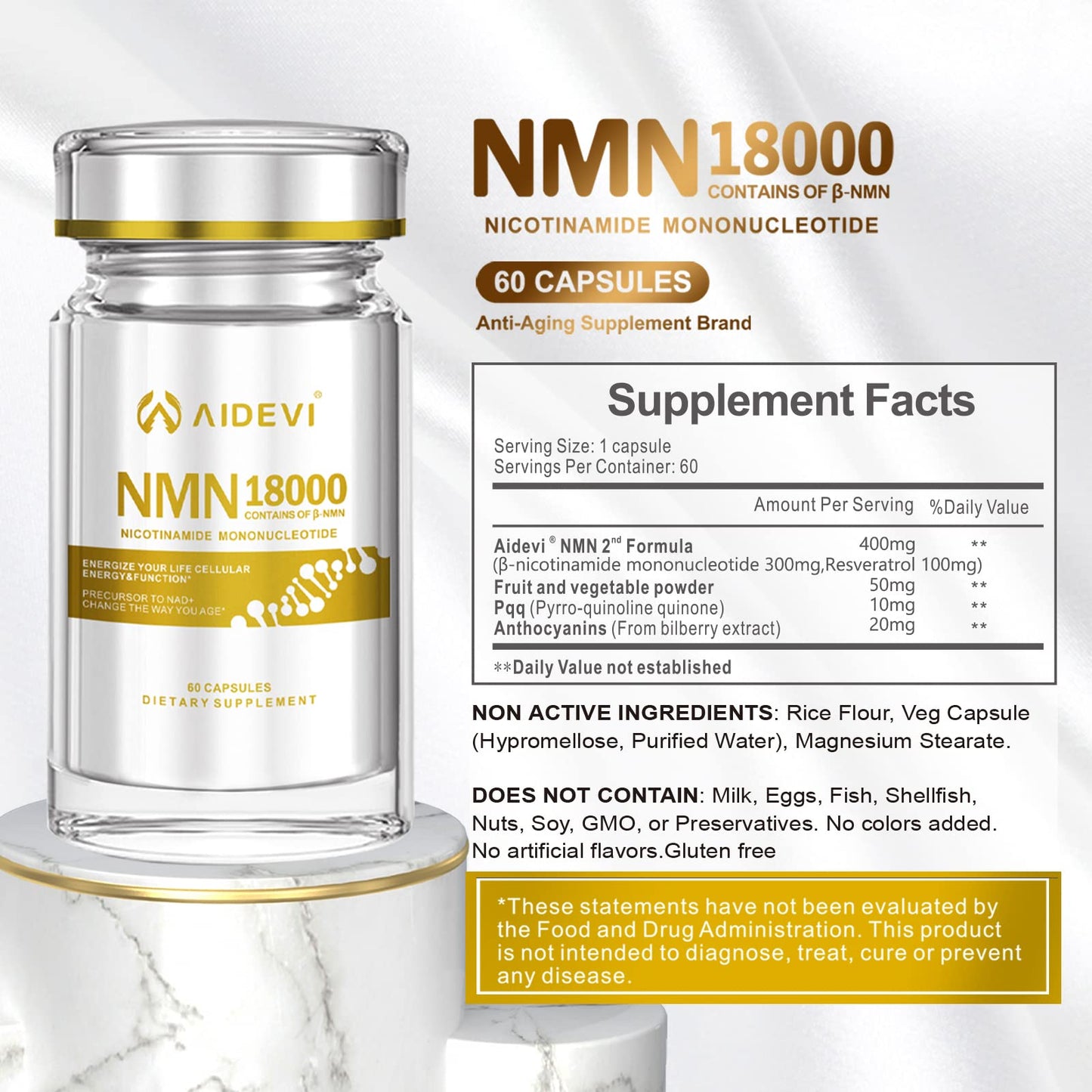 AIDEVI NMN 18000 Nicotinamide Mononucleotide Supplement with Resveratrol Capsule, 60 Capsules