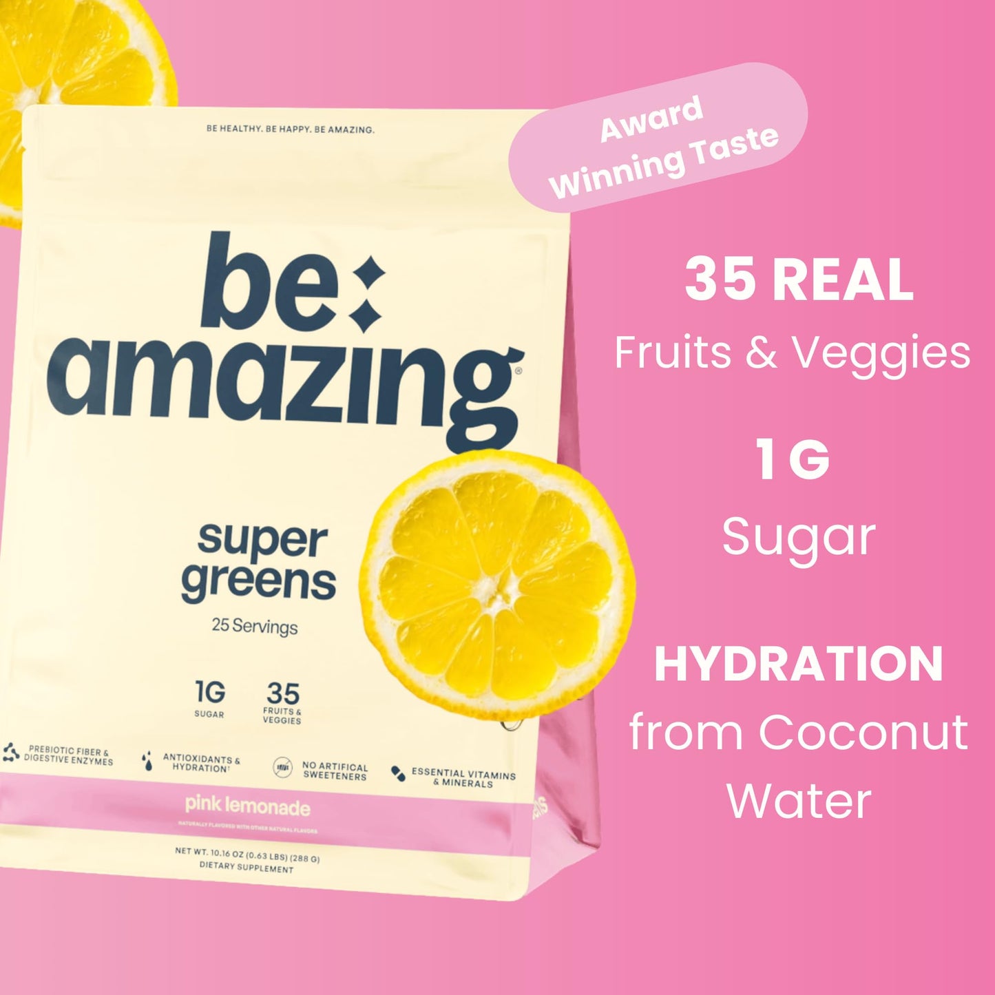 BE AMAZING Super Greens Powder with Prebiotics, Digestive Enzymes & Antioxidants, 35 Fruits & Veggies, Electrolytes & Fiber, Vegan, Gluten Free Juice & Smoothie Mix, Pink Lemonade 10