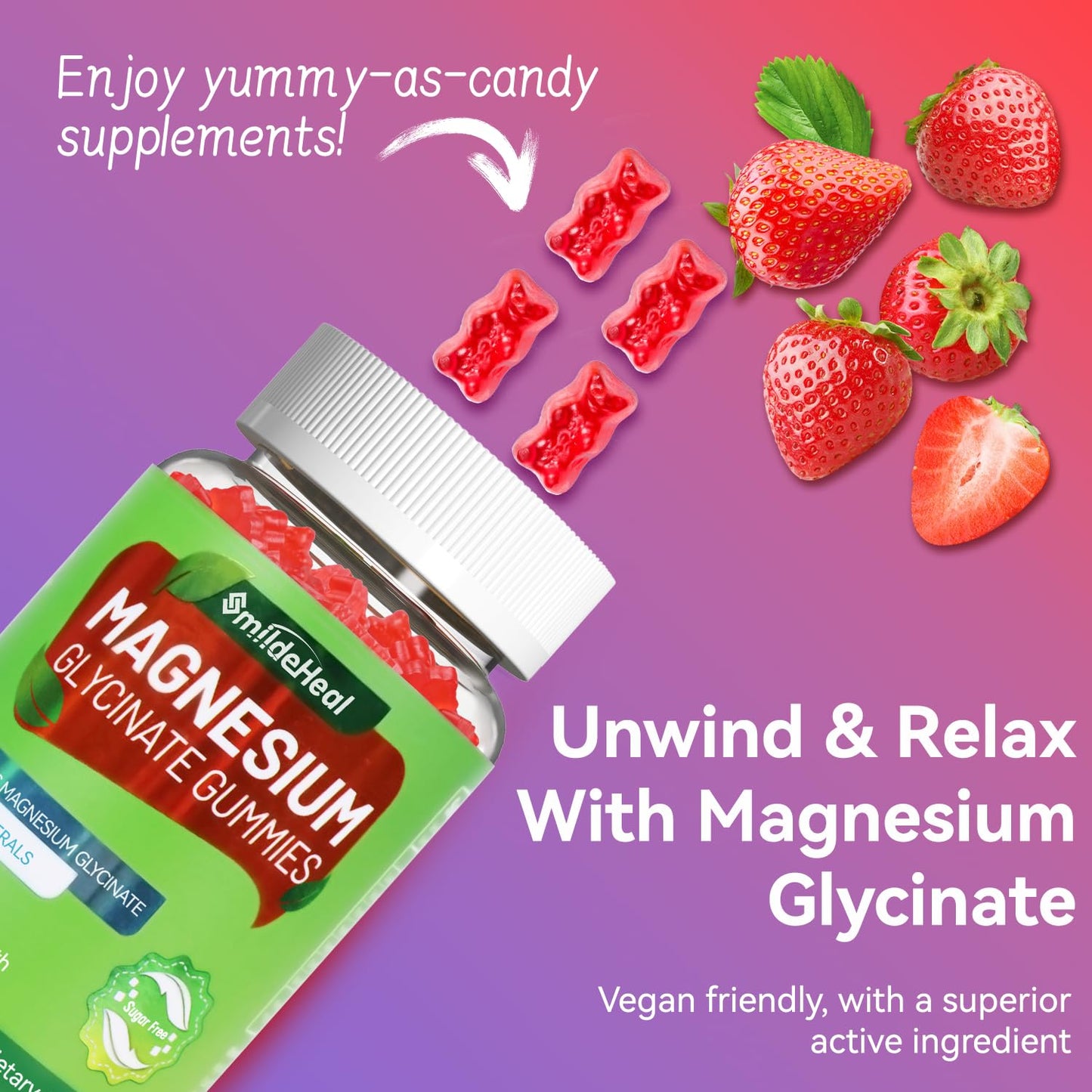 SmildeHeal Magnesium Glycinate Gummies 600mg, Vegan, 120 Count