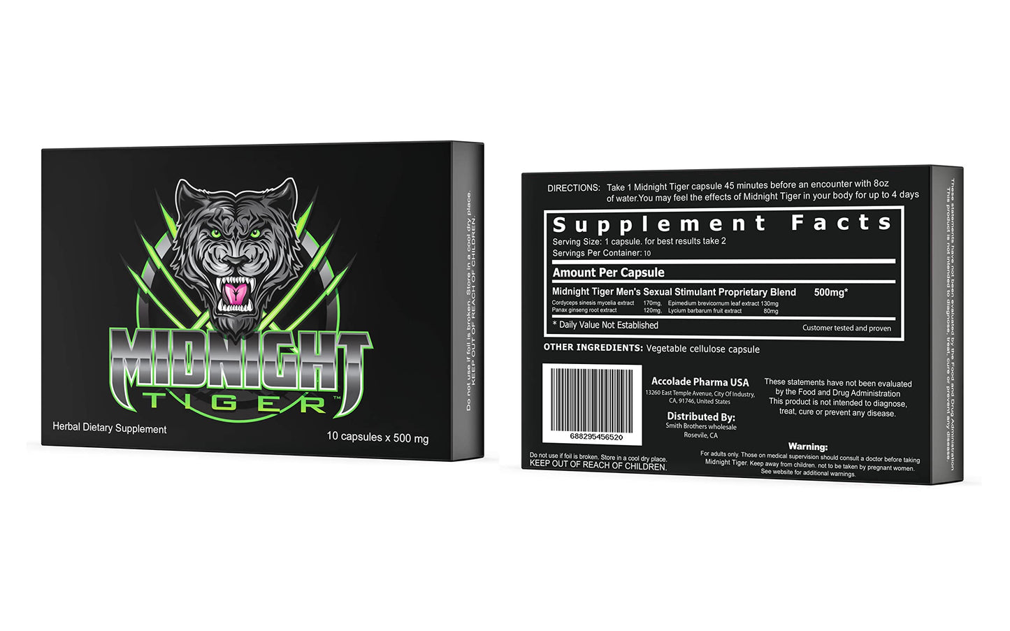 Midnight Tiger V2 Unleash Your Beast, All Natural Male Energy Capsule 10 Count