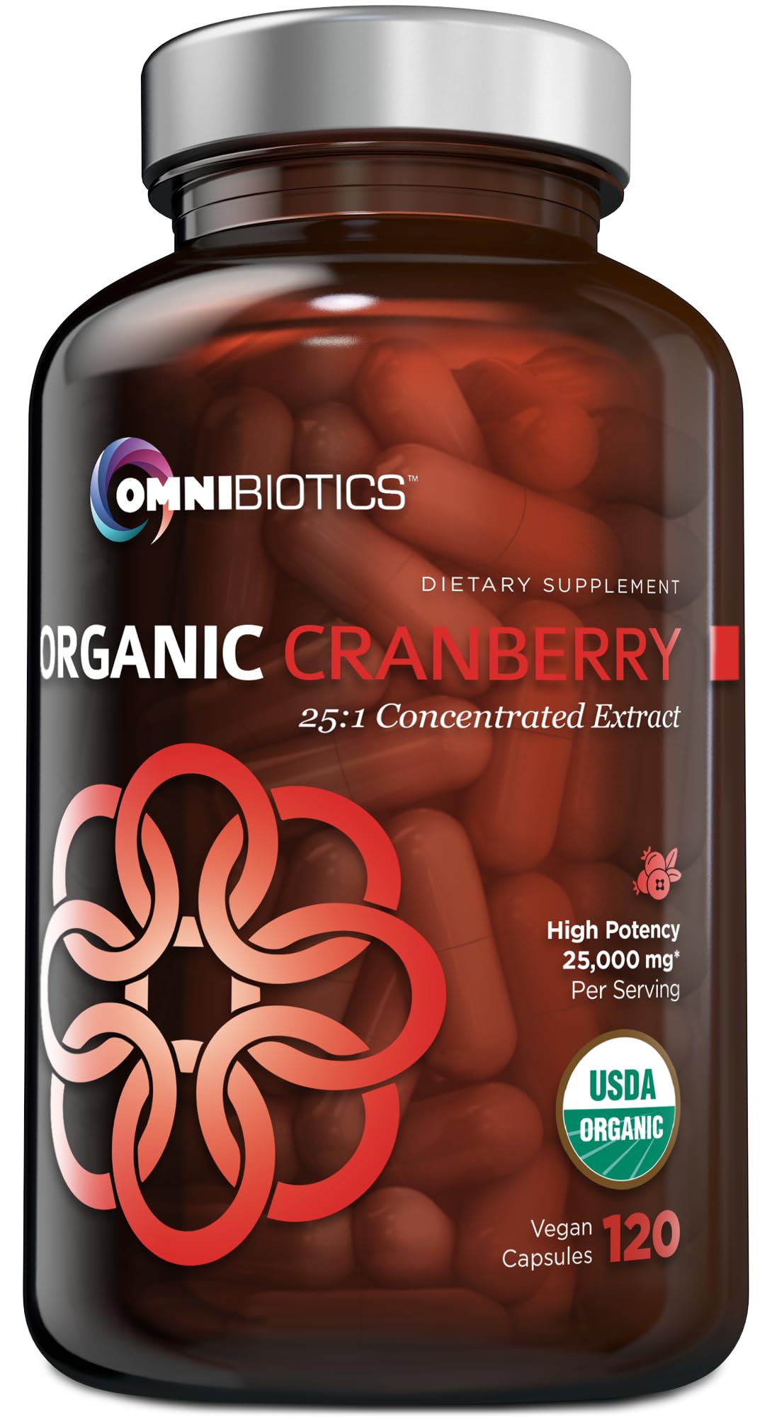 OmniBiotics USDA Organic Cranberry Pills for Women High Potency 25,000 mg Supplement with 25:1 Fruit Extract Daily Urinary Tract Support Capsules 120 Count