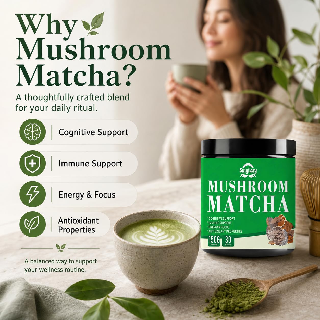 Suiyilary Mushroom Matcha Ceremonial Tea Powder with 7 Superfood Mushrooms, Gluten Free, 5.29 oz