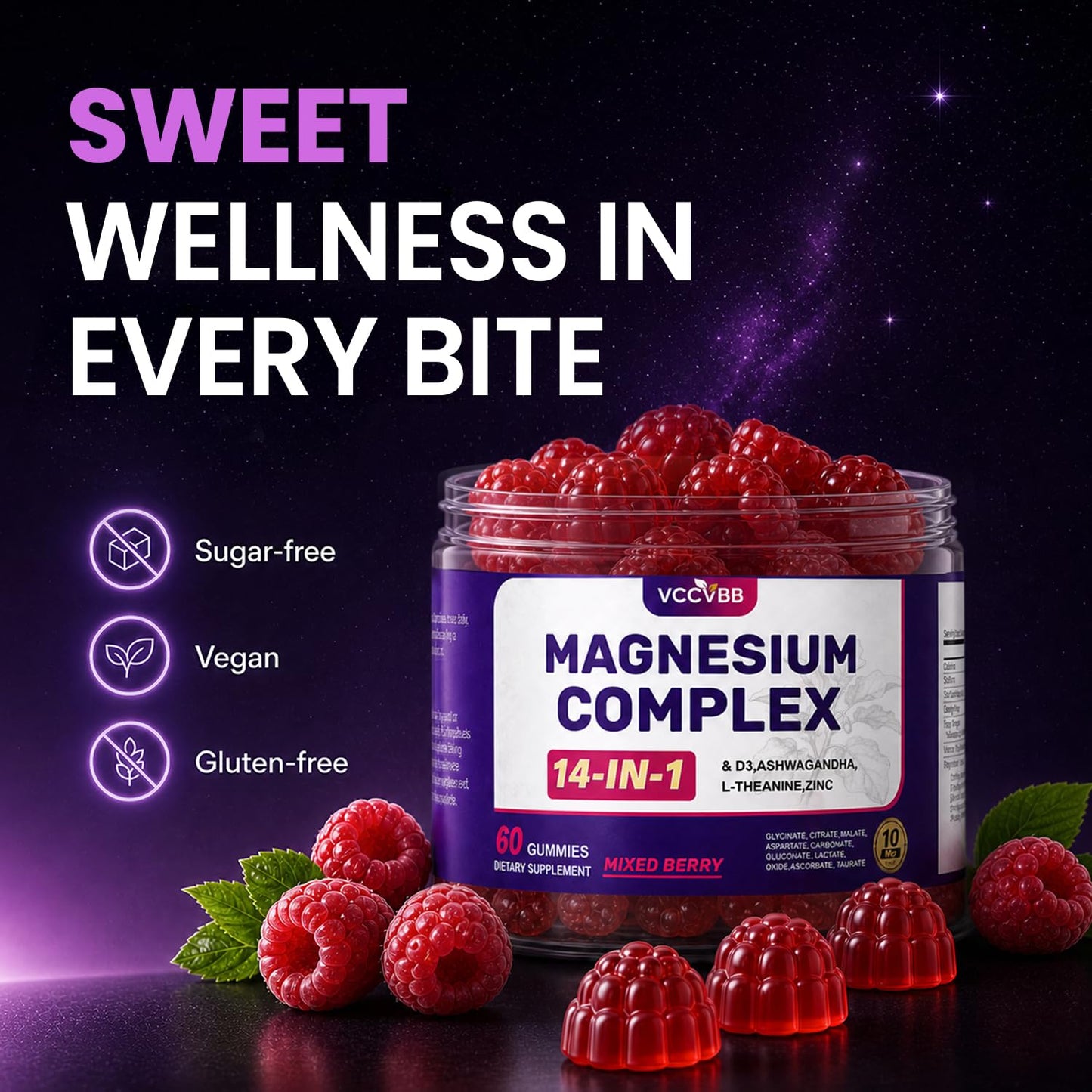 VCCVBB Magnesium Glycinate Gummies 500mg, Sugar Free 14-in-1 Magnesium Complex with Glycinate, Citrate & Malate, Ashwagandha, Zinc, Vitamin D3 & L-Theanine for Sleep, Muscle & Immune Support, 60 Count
