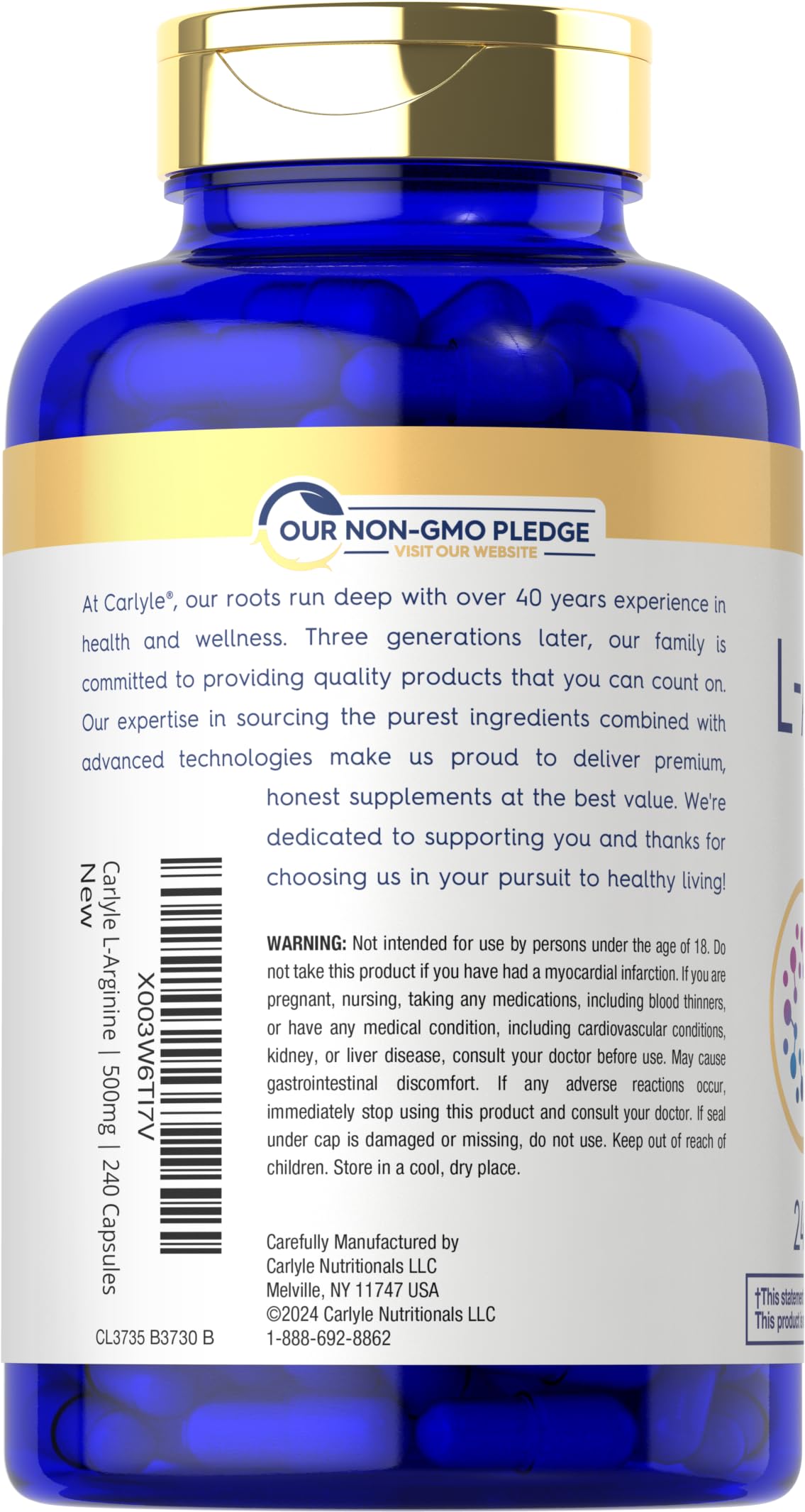 Carlyle L-Arginine 500 mg Nitric Oxide Precursor Capsule, 240 Count
