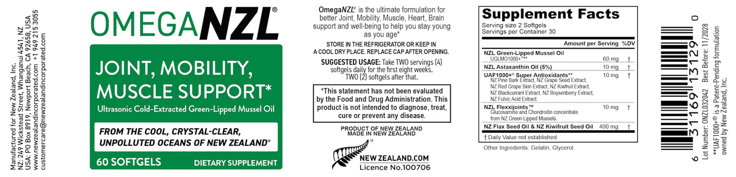OMEGANZL Omega-3 Natural Joint Relief Supplement Natural Muscle Support, Green-Lipped Mussel Oil Joint Support, No Fishy Aftertaste, 90 Softgels