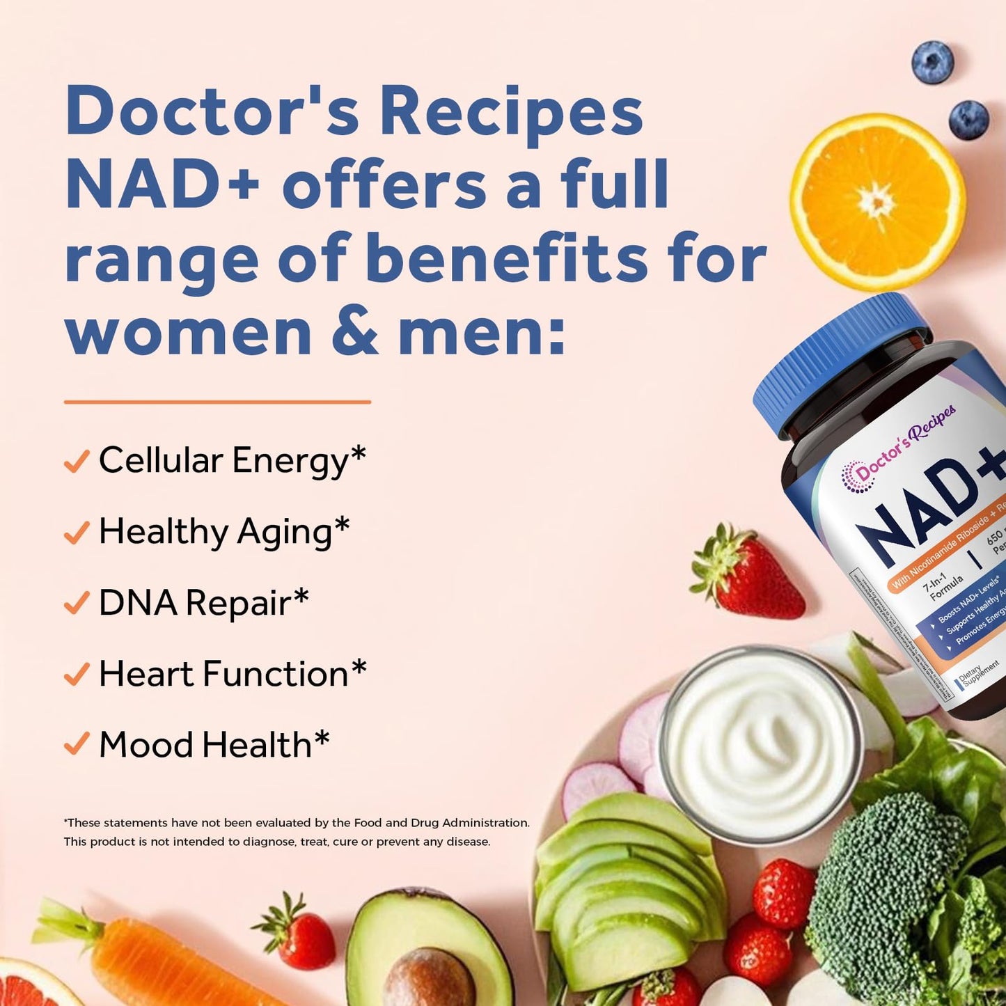 Doctor's Recipes NAD Supplement Nicotinamide Riboside Resveratrol NMN Alternative for Anti-Aging with Magnesium Glycinate & L-Tryptophan, 650mg Per Serving Energy & Mood Boost, 120 Capsules