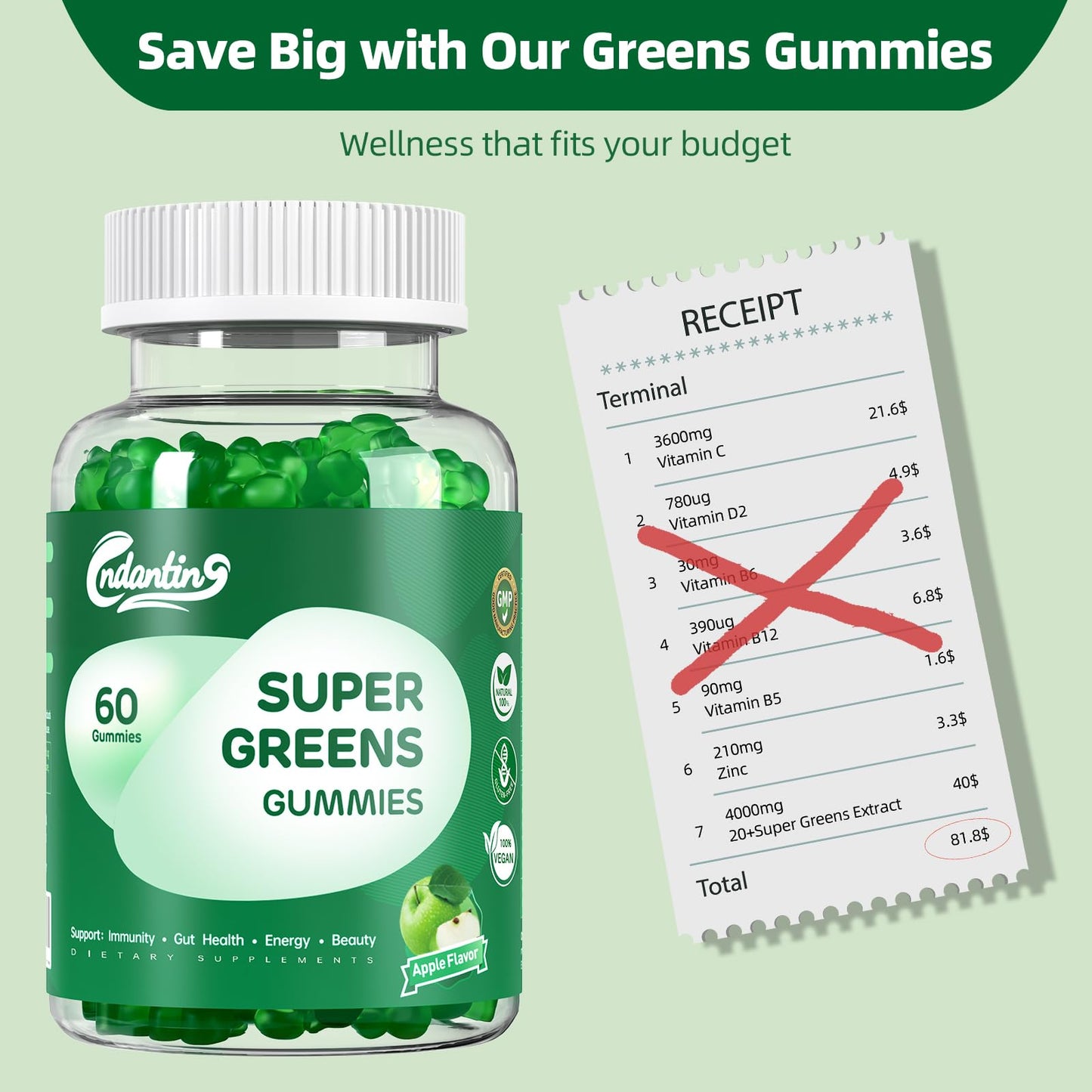 CNDANTING Multivitamin Super Greens Gummies Gummy 1 Count