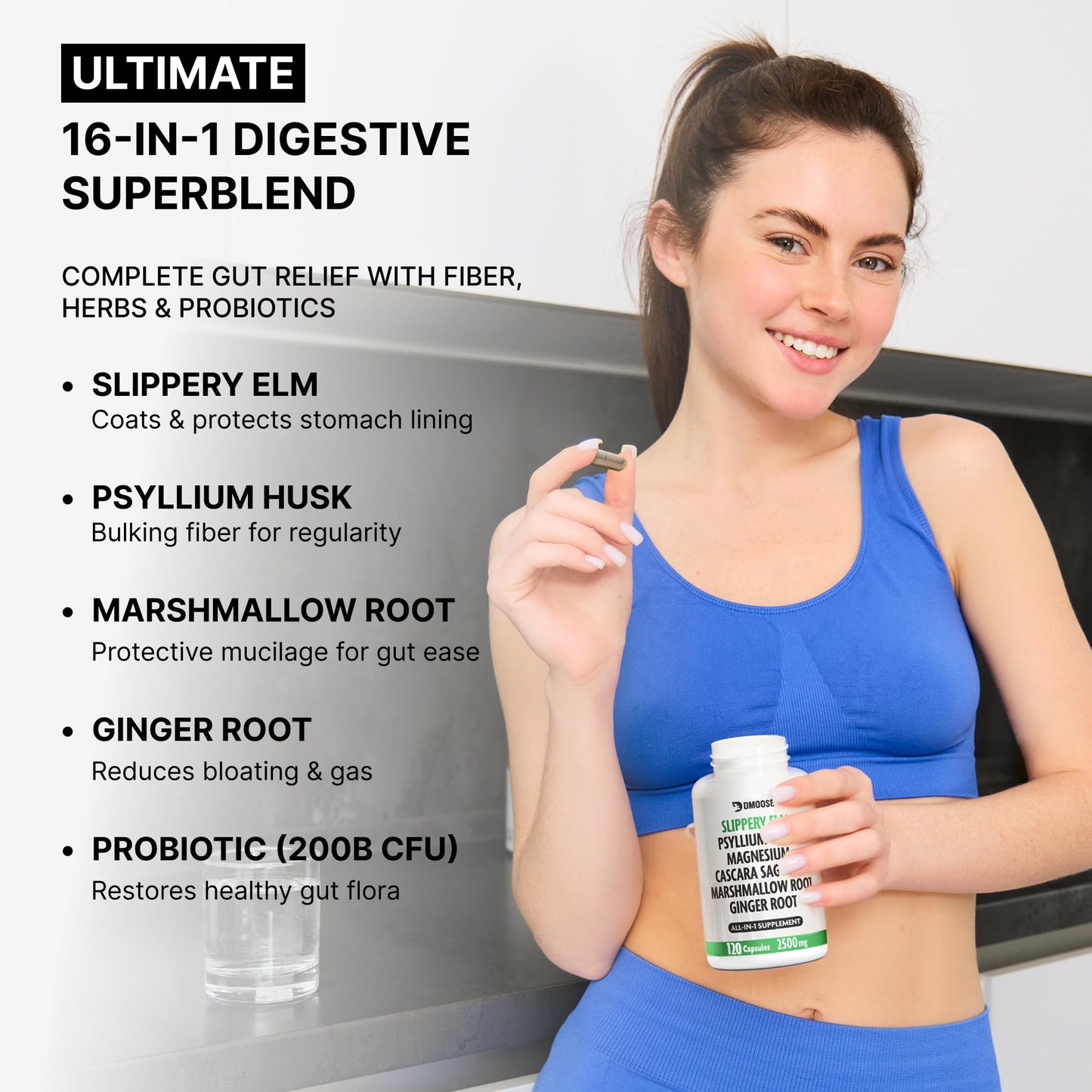 DMoose Fitness Slippery Elm Bark 16 in 1 Digestive Health & Leaky Gut Wellness Complex Capsules, 120 Count