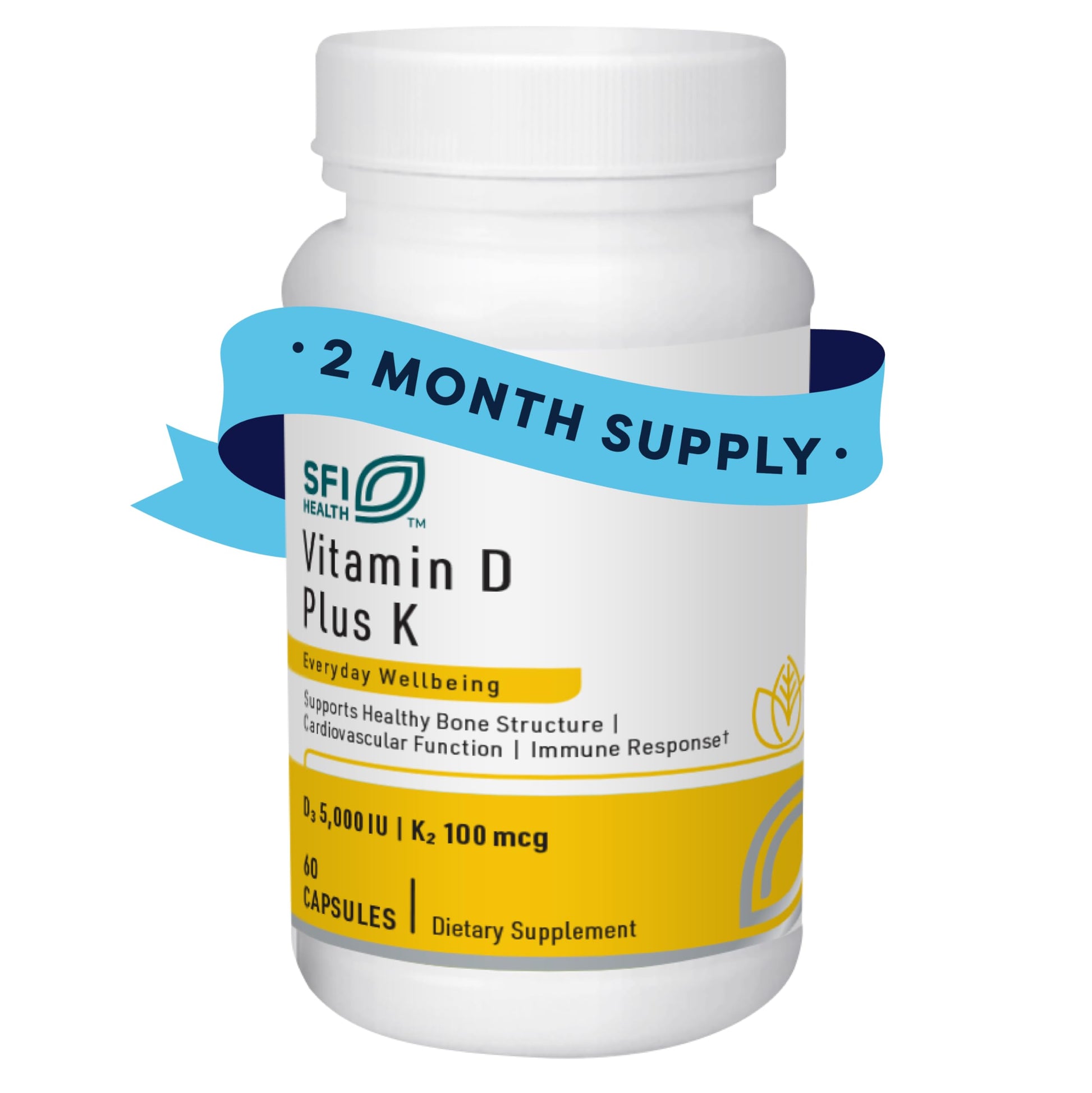SFI Health Vitamin D Plus K - Bioavailable Vitamin K2 D3 Supplement for Bone & Immune Support Capsules 60