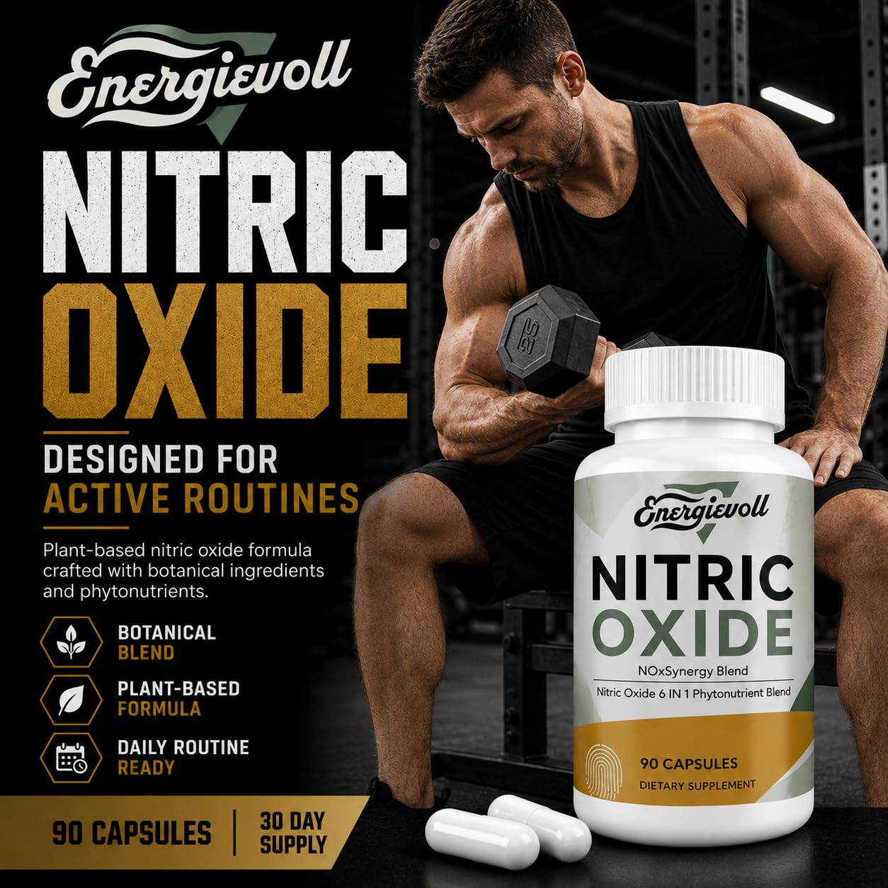 Energievoll Nitric Oxide Supplement for Men - Beet Root & Botanical Phytonutrient Blend with GPLC - for Blood Flow, Oxygenation, and Blood Pressure, Energy, 90 Capsules