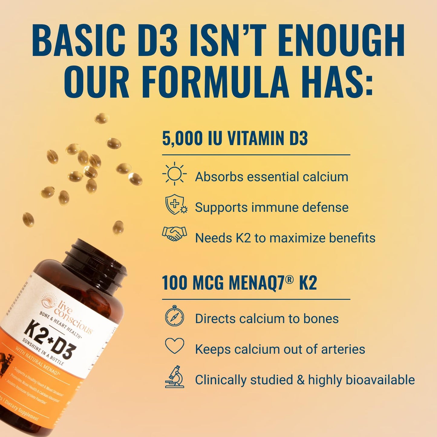 Live Conscious Vitamin K2 MK7 with D3 Supplement Softgels 60 Count