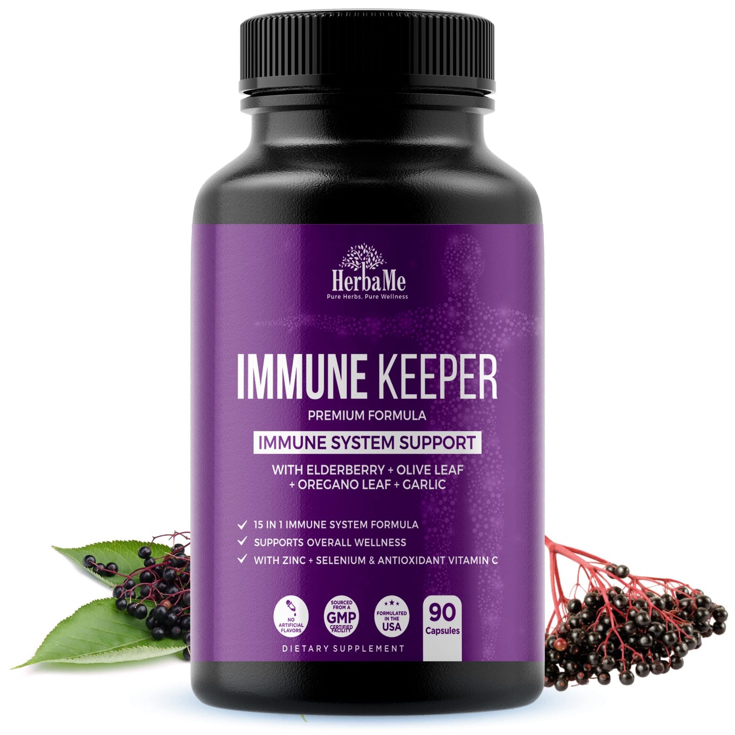 HerbaMe Immune Support Supplement, 15 in 1 Daily Wellness Formula with Elderberry, Quercetin, Zinc, Vitamin C & Selenium, Olive Leaf & Garlic for Men & Women, 90 Capsules