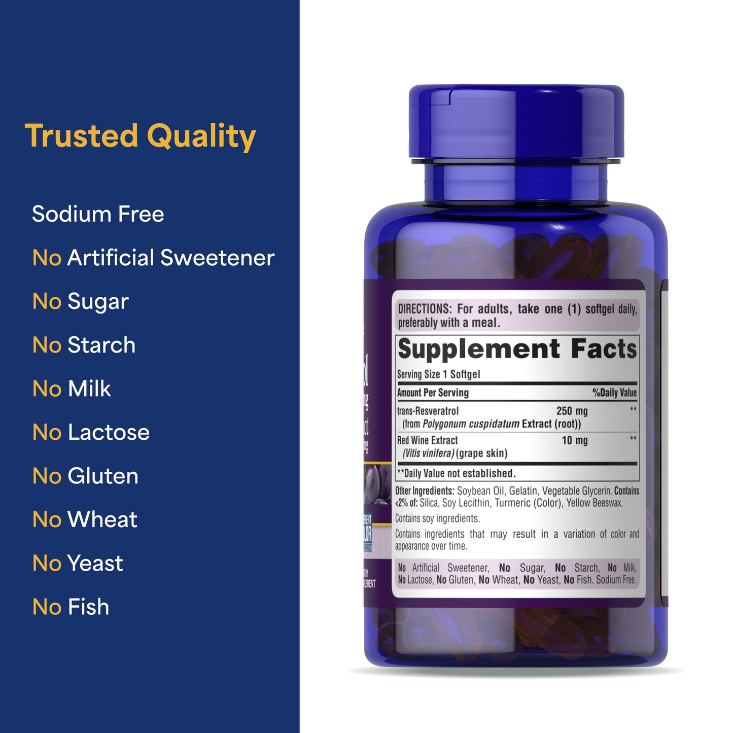 Puritan's Pride Premium Resveratrol Youth Guard 250mg Softgels, 60 Count