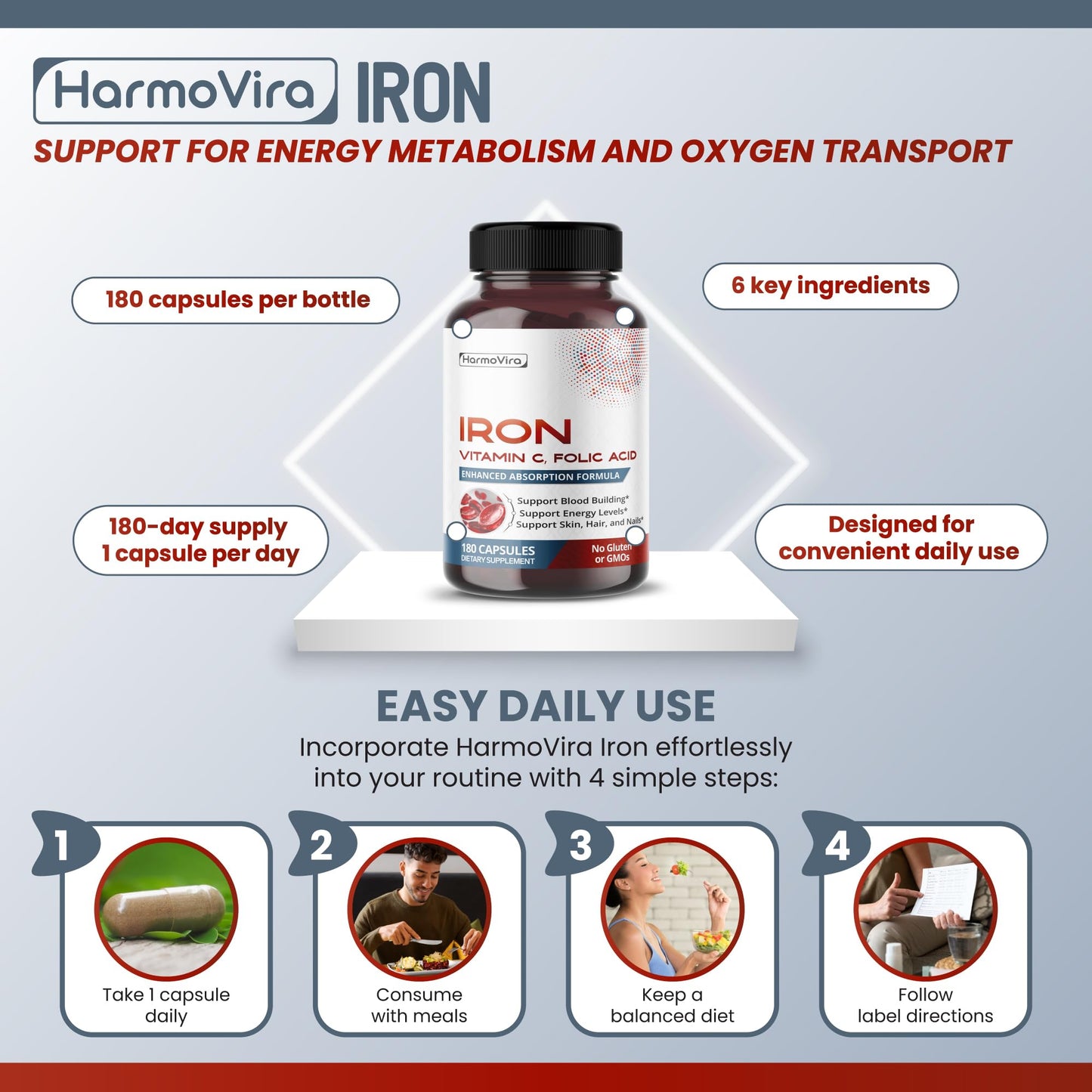 HarmoVira Liposomal Iron with Vitamin C, Folic Acid, B12, B6, B1 180 Capsules