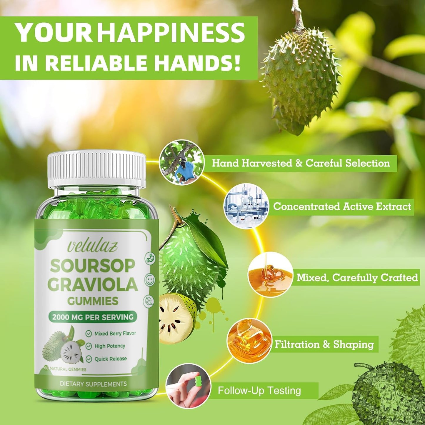 velulaz Soursop Graviola Gummies - Extra Strength with Vitamin C & Zinc, 60 Gummies
