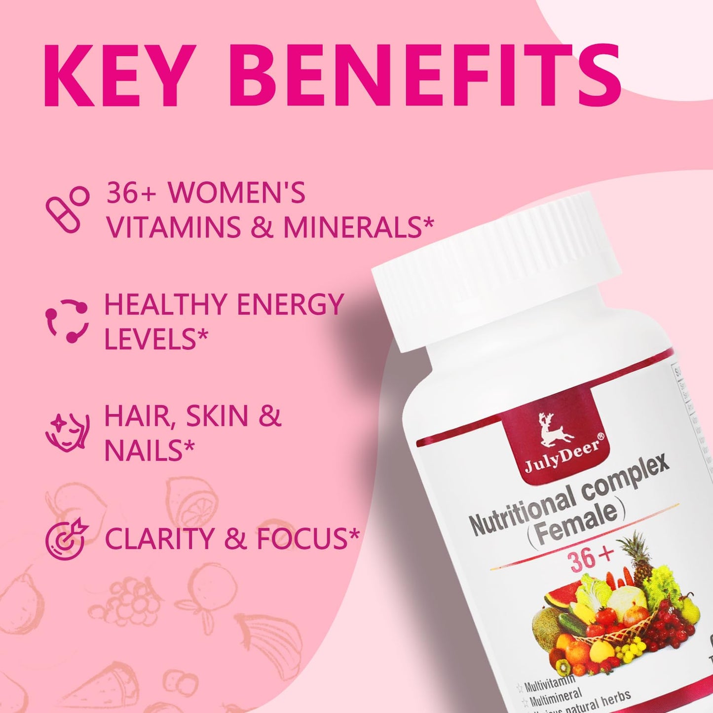 JulyDeer One Daily Multivitamin for Women - Complete Multimineral & Multivitamin with Vitamin A, C, D, E and B-Complex, Zinc & More Vitamins for Immunity, Energy, Hair, Skin & Nails - 60 Tablets