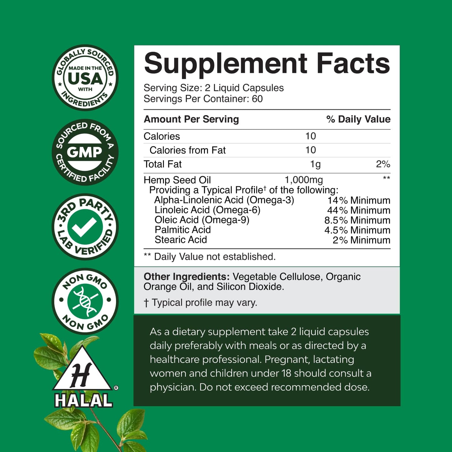 Natures Craft Hemp Seed Oil Capsules, 1000mg per Serving, Omega-3-6-9, 120 Capsules