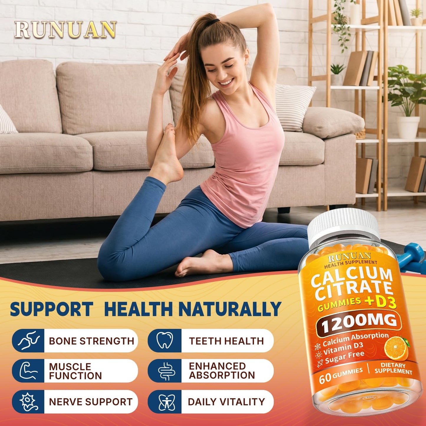 RUNUAN Calcium Citrate 1200mg Gummies with Vitamin D3 for Women Men Kids, 60 Count