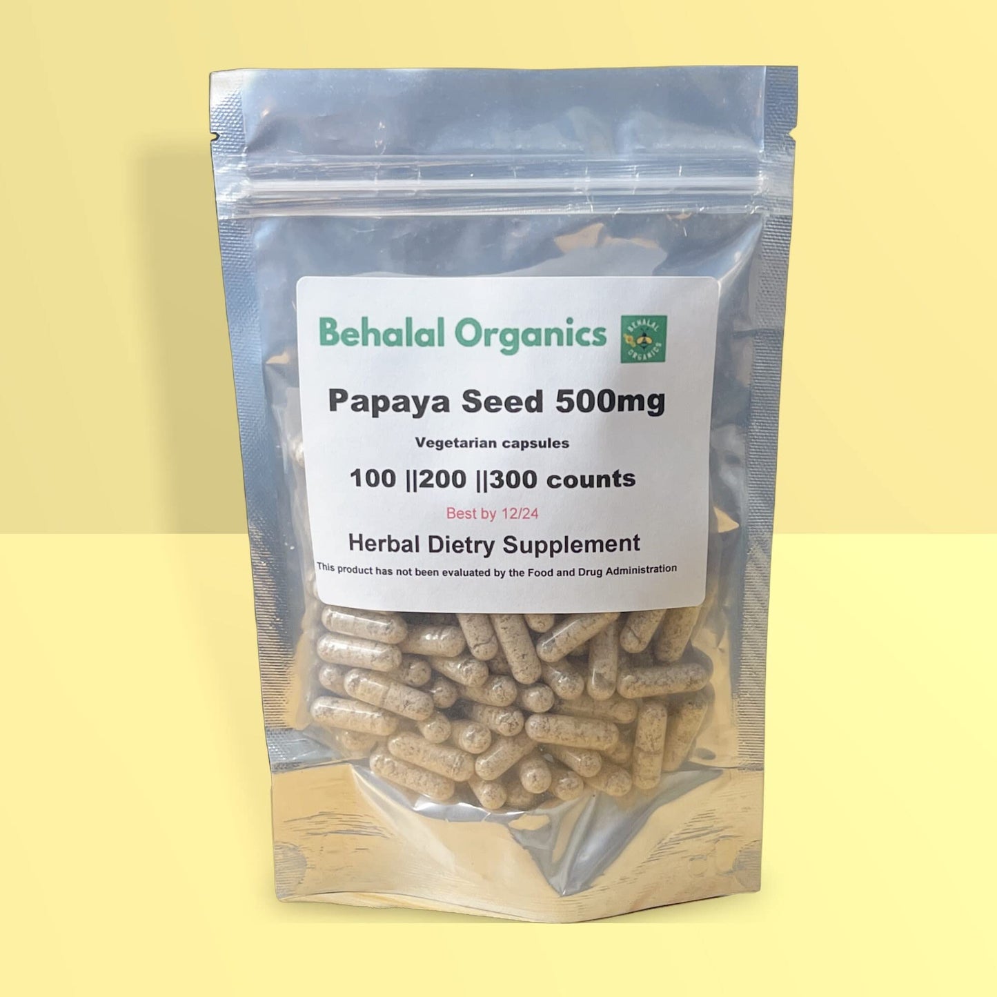 Behalal Organics Papaya Seed 500mg Vegetarian Capsules 100