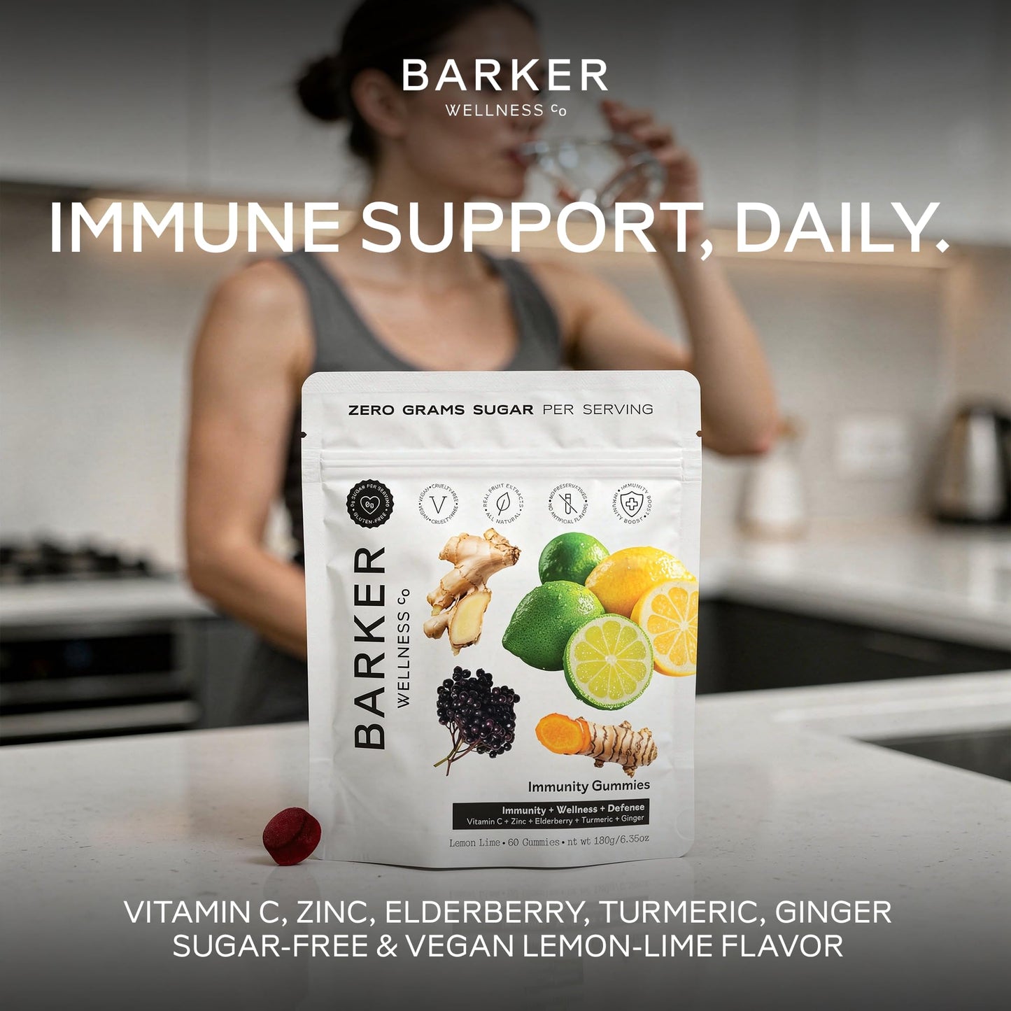 Barker Wellness Co Immunity Gummies with Vitamin C, Zinc, Elderberry, Turmeric & Ginger for Daily Immune Support, 60 Count