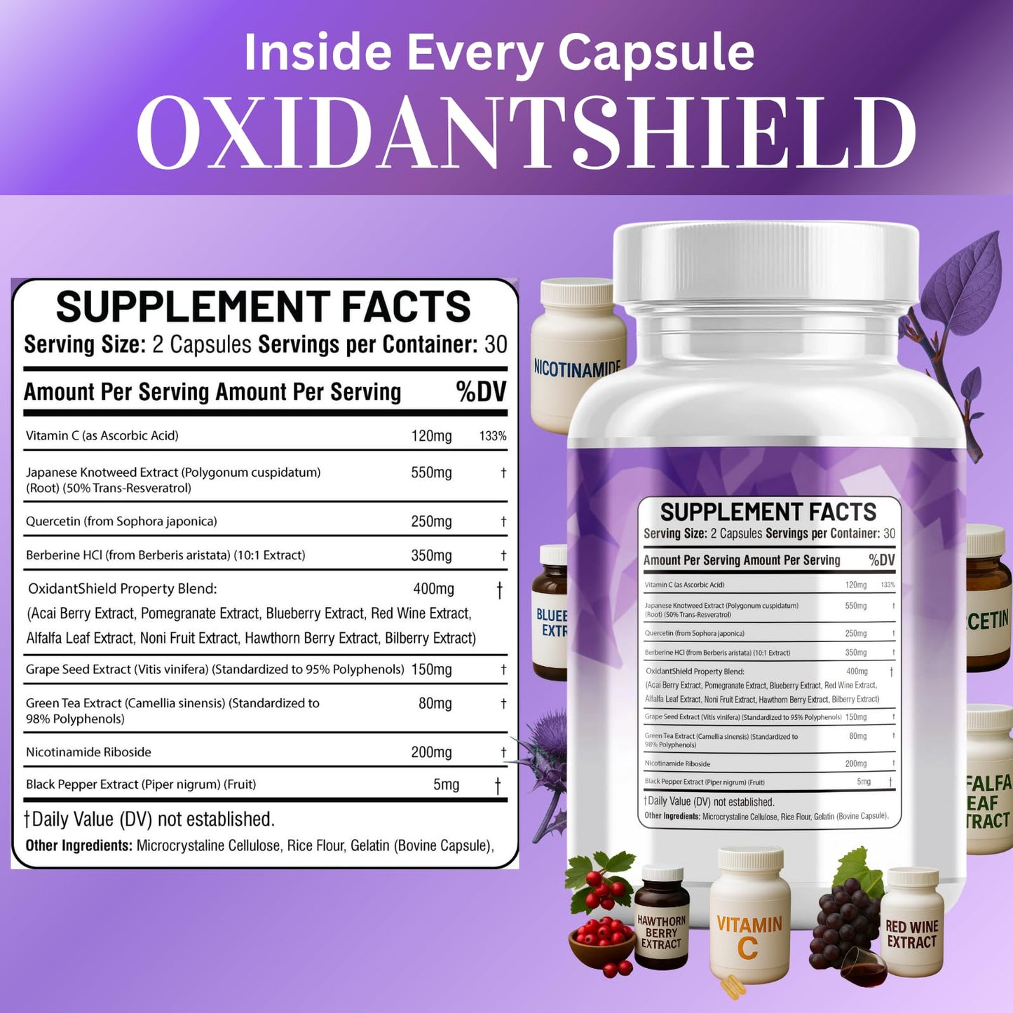 Kun Shafi Berberine & Resveratrol Complex with Quercetin, Grape Seed, Green Tea, Vitamin C, and Nicotinamide Riboside NAD+ & Antioxidant Polyphenol Capsules, 60 Count