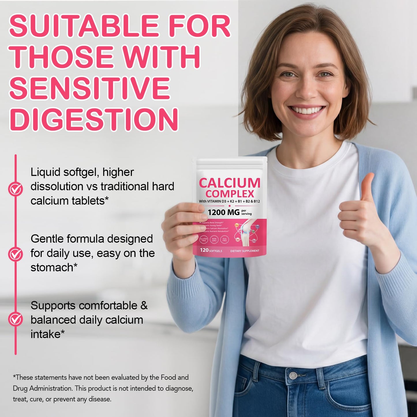 AIQIUSHA Calcium 1200mg with Vitamin D3 & K2 Softgels, 120 Softgels