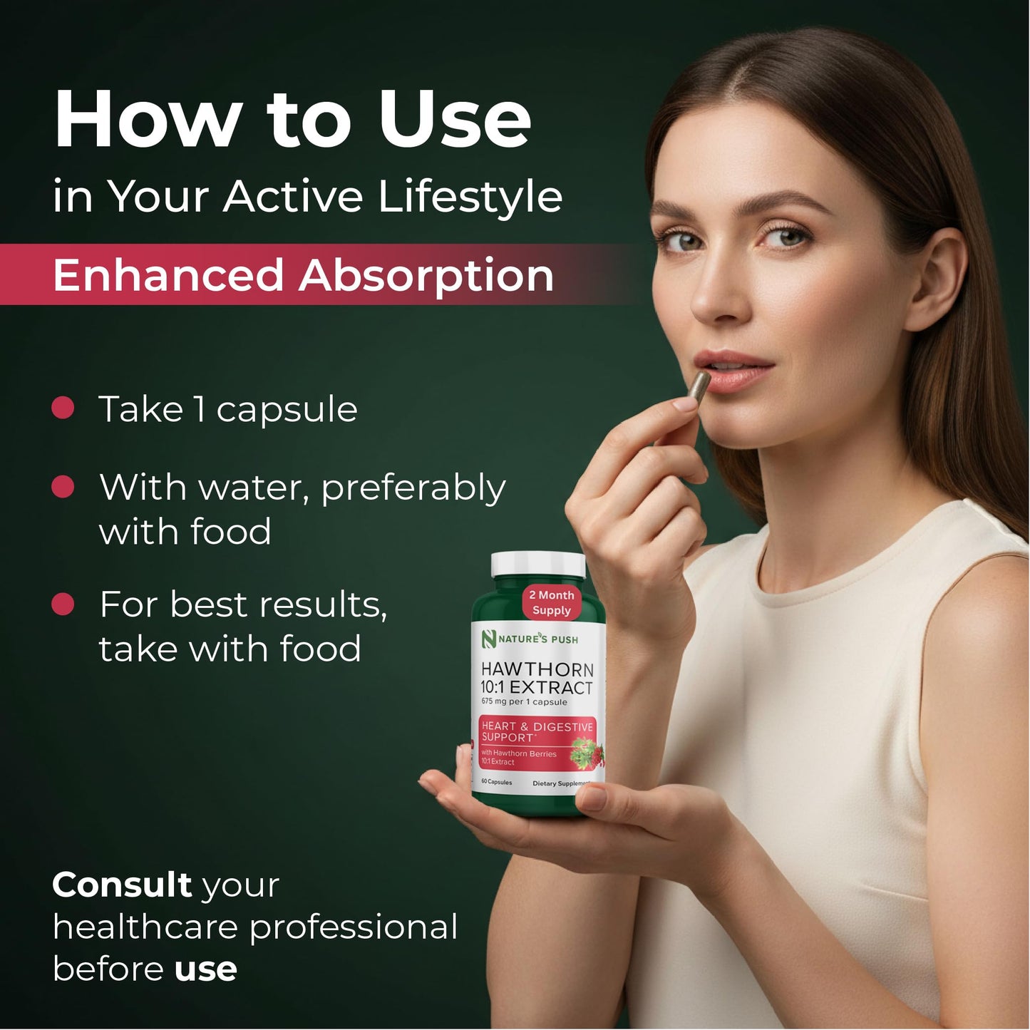 Nature's Push Hawthorn Berry Supplement 10:1 Extract 675mg Capsules, 60 Count