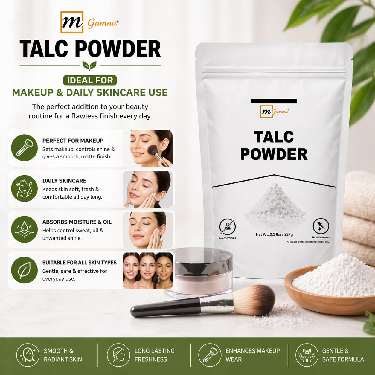 mGanna 100% Natural Talc Powder, 32.03 Ounce (Pack of 1)